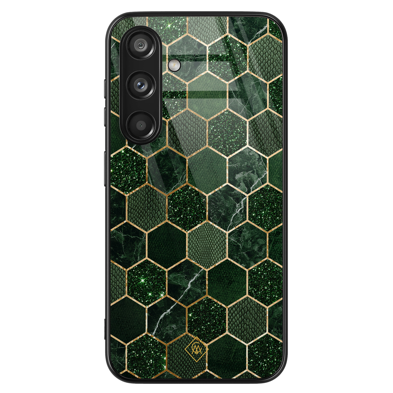 Samsung Galaxy S24 hoesje glas - Kubus groen - Groen - Hard Case Zwart - Backcover telefoonhoesje - Geometrisch patroon - Casimoda