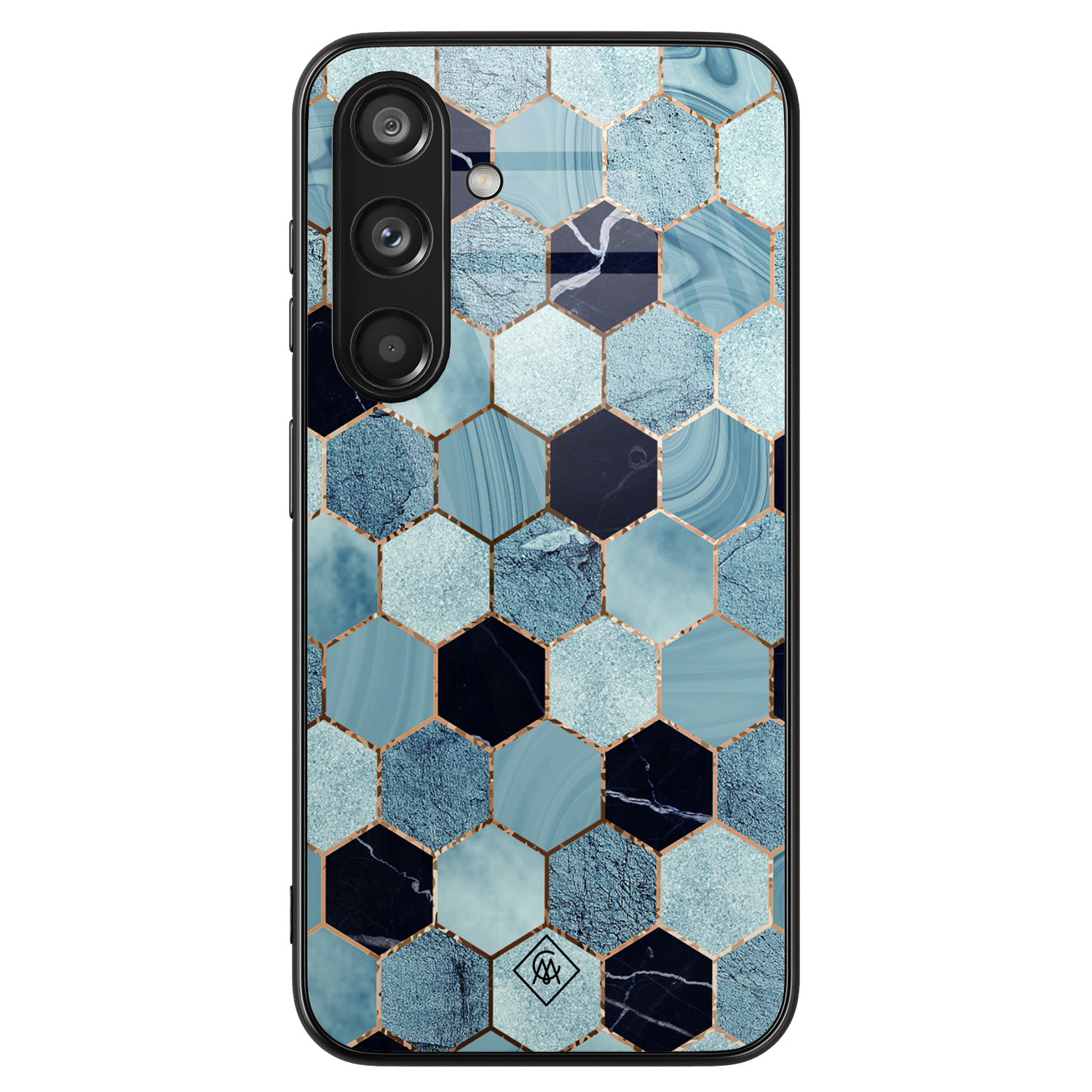 Samsung Galaxy S24 hoesje glas - Blue cubes - Blauw - Hard Case Zwart - Backcover telefoonhoesje - Marmer - Casimoda
