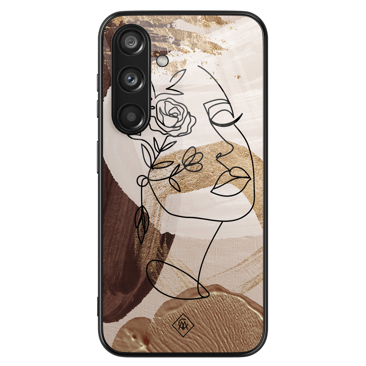 Samsung Galaxy S24 hoesje glas - Abstract gezicht bruin - Bruin/beige - Hard Case Zwart - Backcover telefoonhoesje - Geometrisch patroon - Casimoda