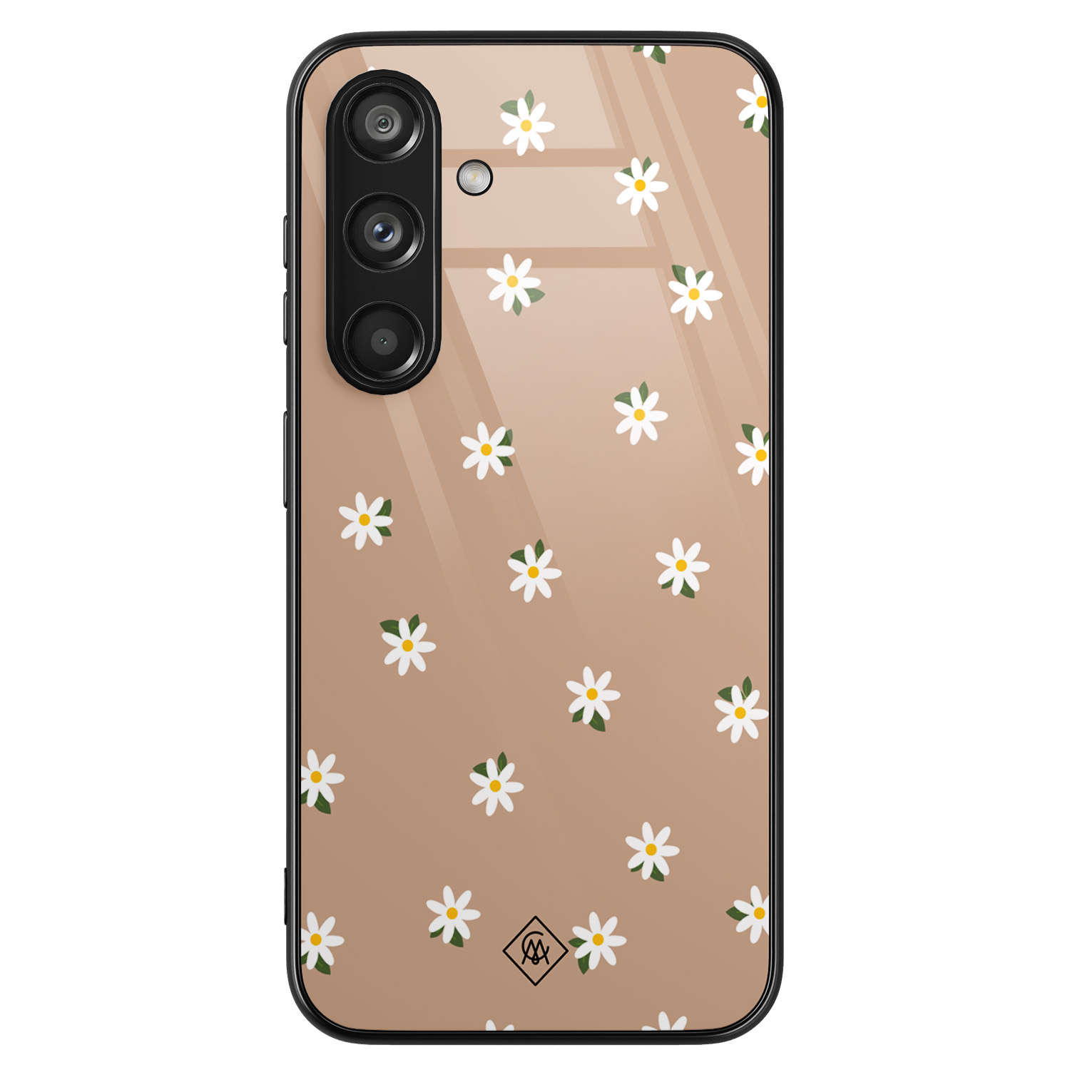 Samsung Galaxy S24 hoesje glas - Sweet daisies - Bruin/beige - Hard Case Zwart - Backcover telefoonhoesje - Planten - Casimoda