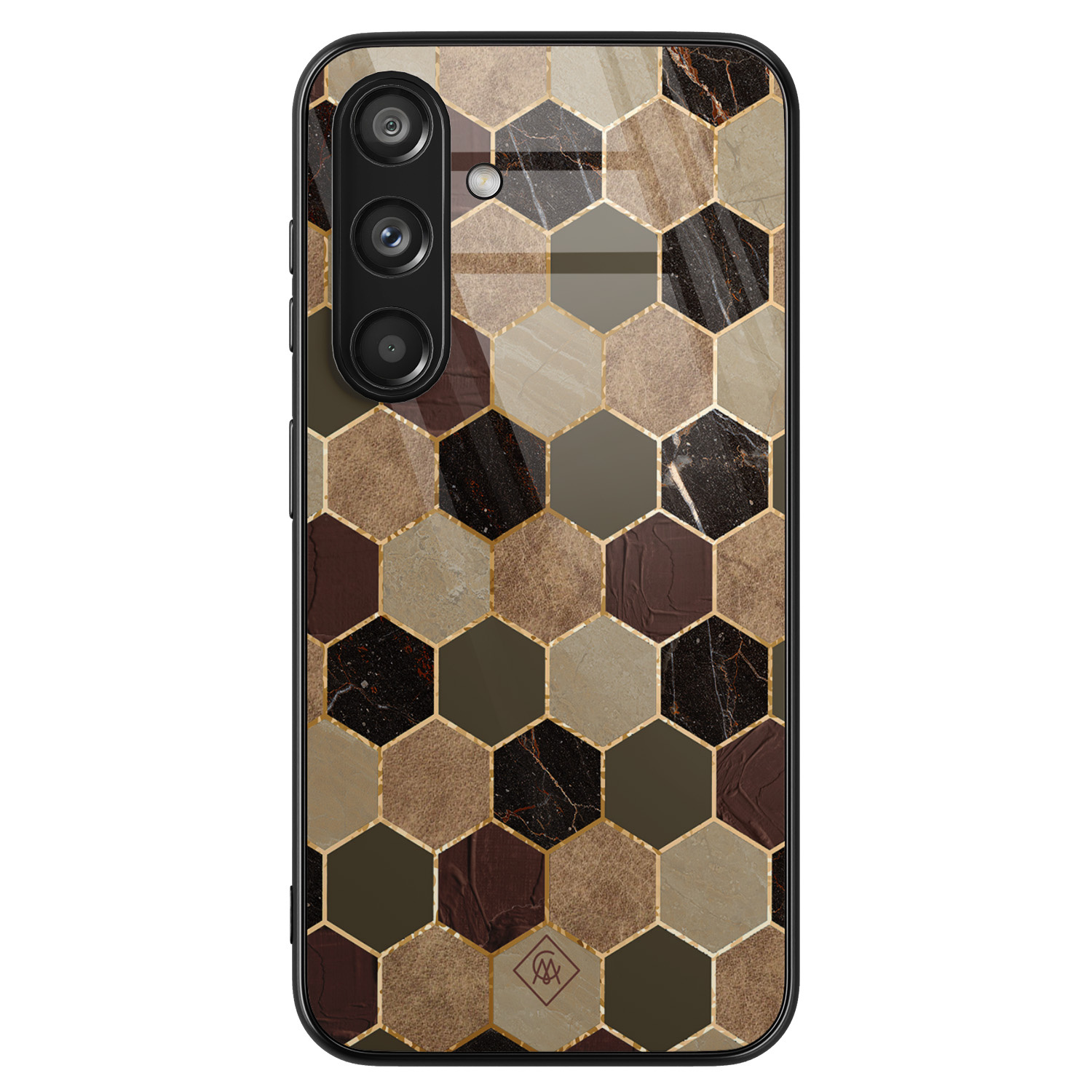 Samsung Galaxy S24 hoesje glas - Kubus bruin groen - Bruin/beige - Hard Case Zwart - Backcover telefoonhoesje - Geometrisch patroon - Casimoda