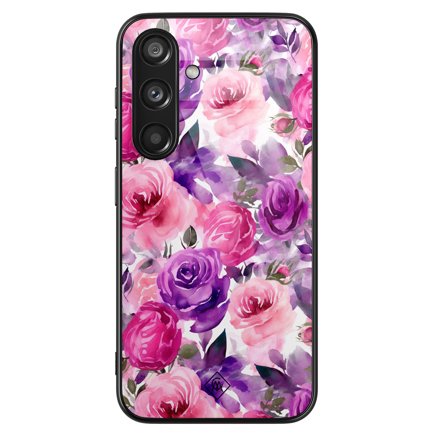 Samsung Galaxy S24 hoesje glas - Rosy blooms - Roze - Hard Case Zwart - Backcover telefoonhoesje - Planten - Casimoda