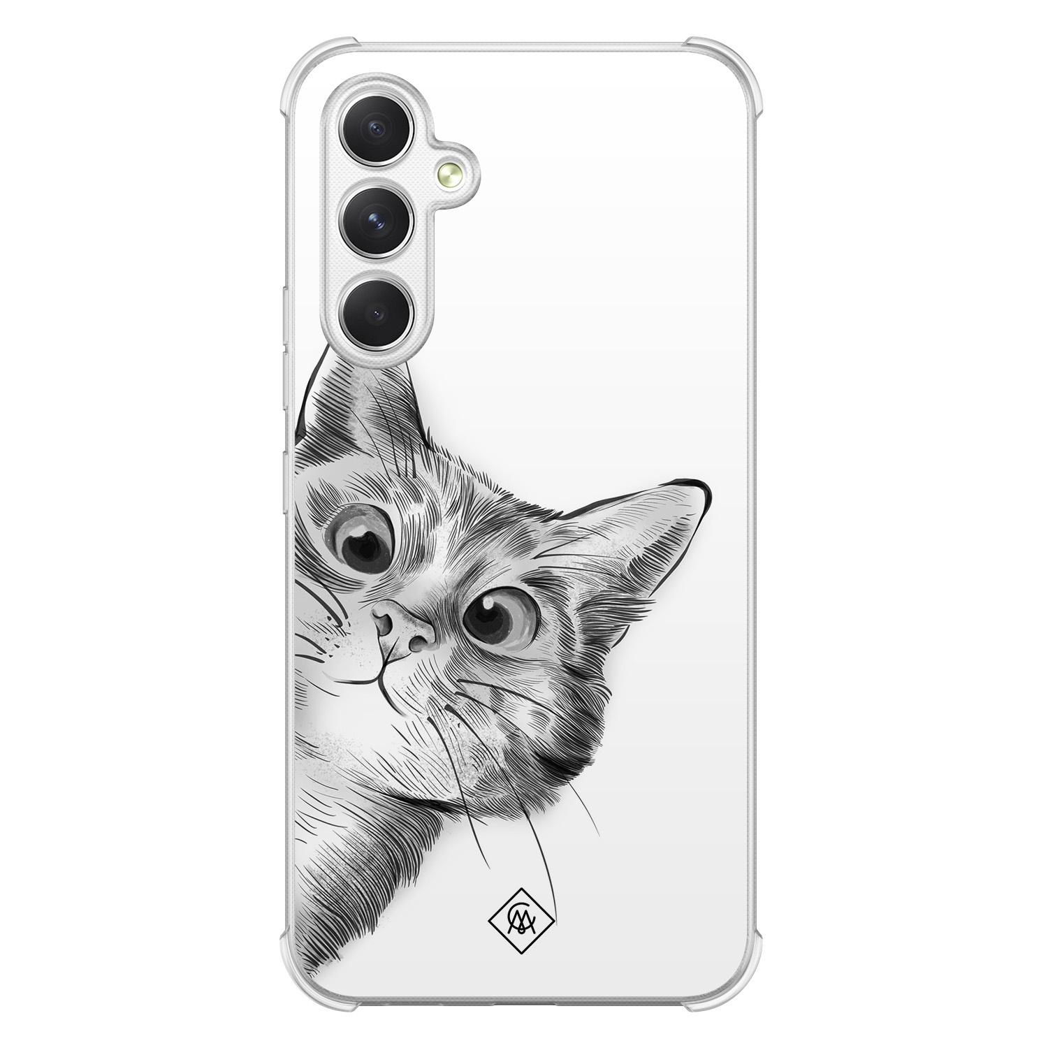 Casimoda® hoesje - Geschikt voor Samsung Galaxy A15 - Kat Kiekeboe - Shockproof case - Extra sterk - TPU/polycarbonaat - Grijs, Transparant