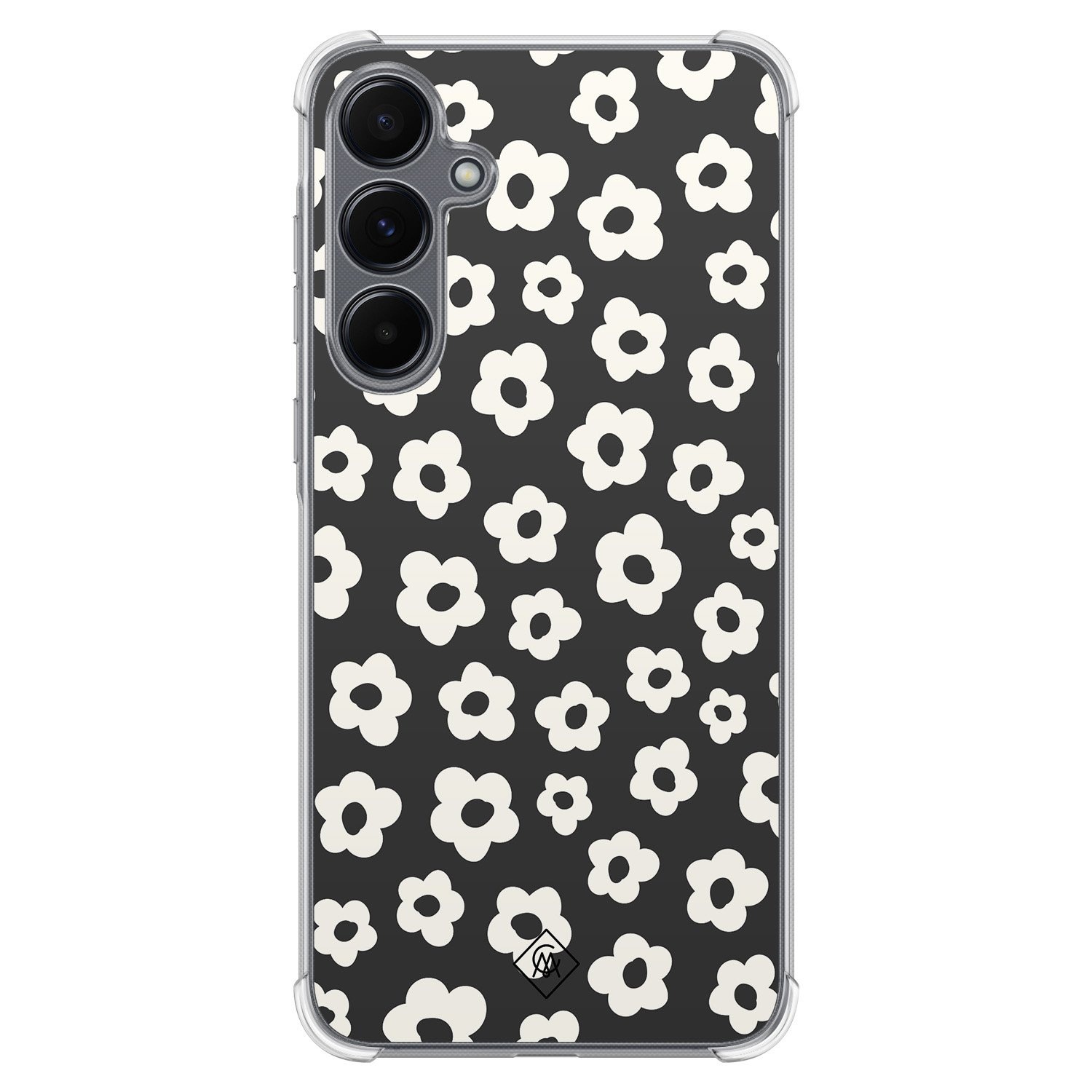 Casimoda® hoesje - Geschikt voor Samsung Galaxy A35 5G - Retro Bloempjes - Shockproof case - Extra sterk - TPU/polycarbonaat - Zwart, Transparant