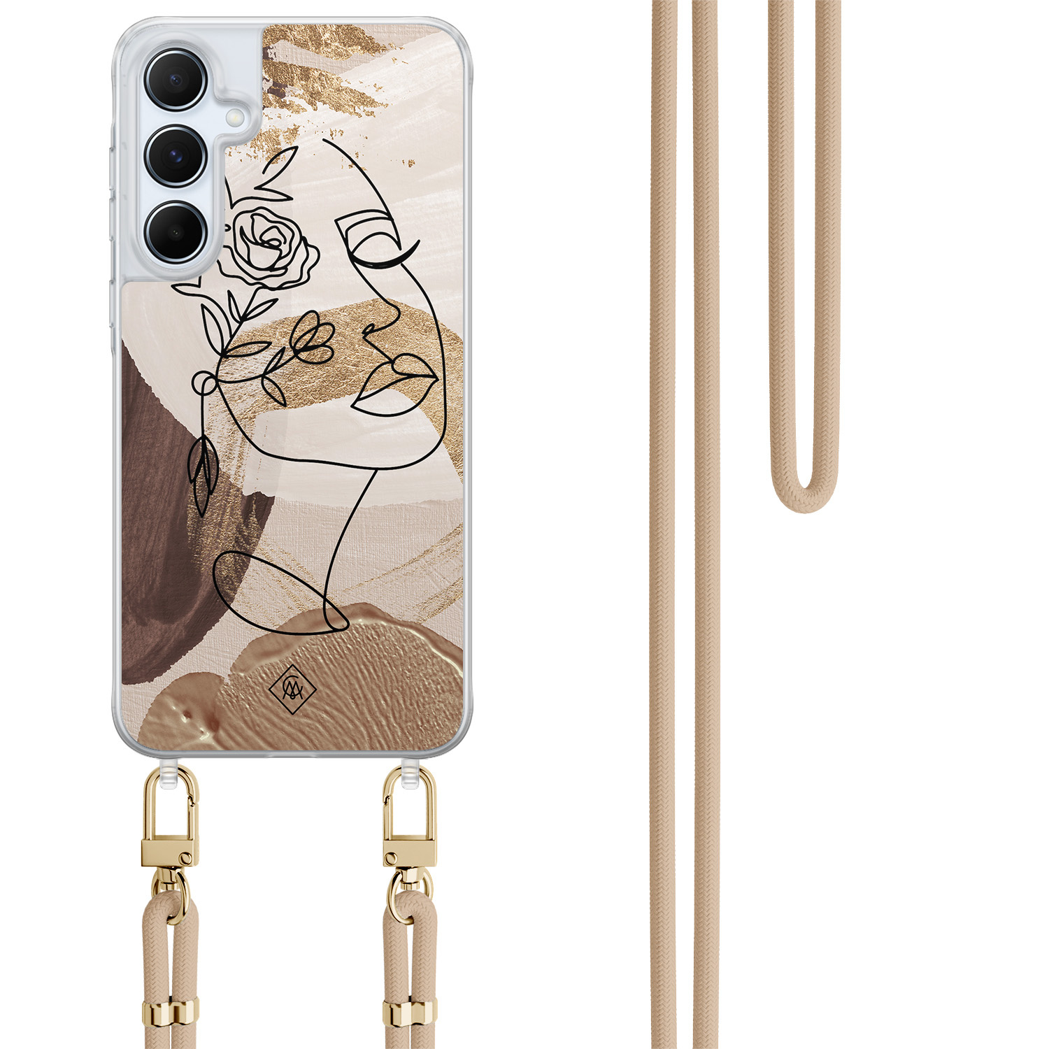 Samsung Galaxy A55 hoesje met beige koord - Abstract gezicht bruin