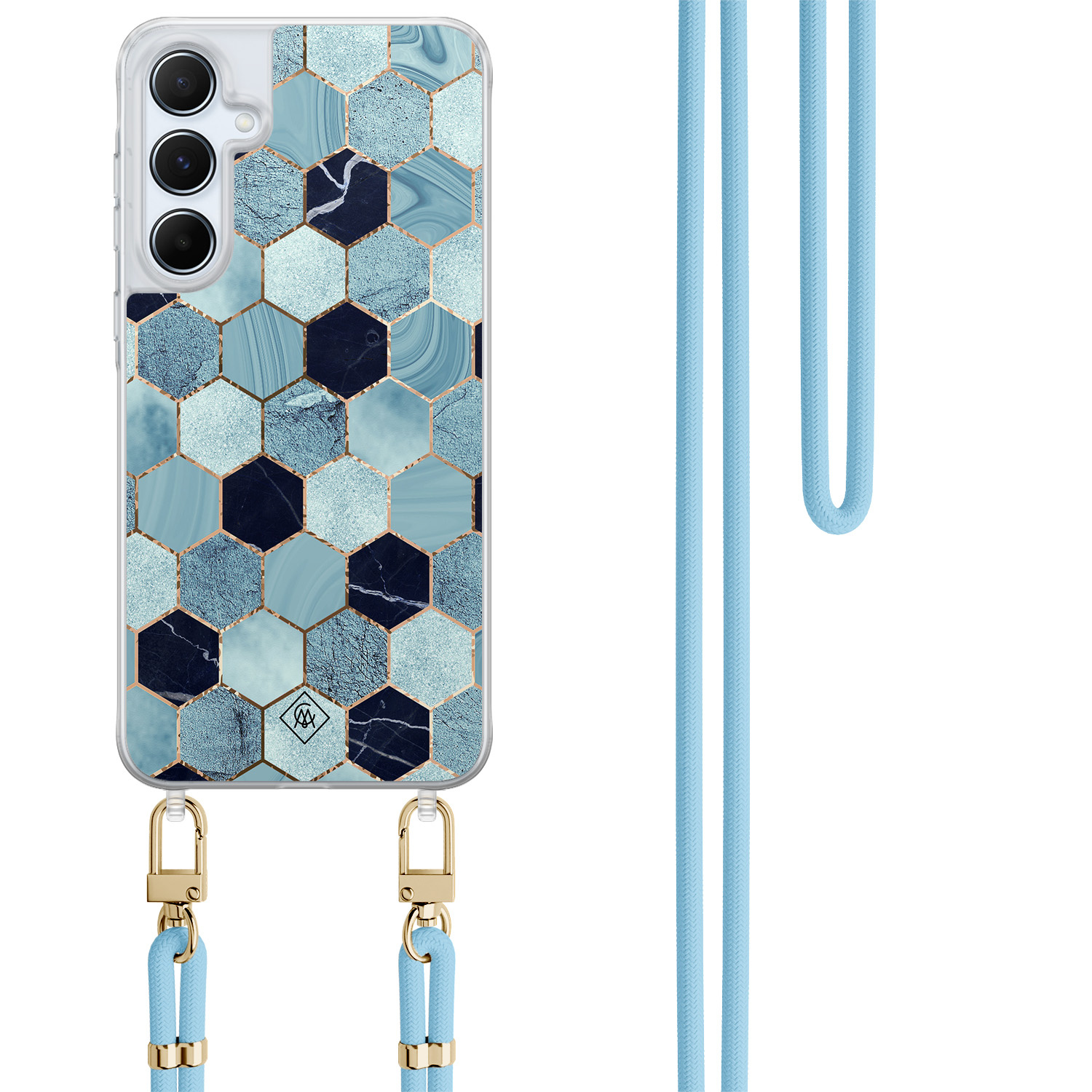 Samsung Galaxy A55 hoesje met blauw koord - Blue cubes