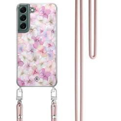 Casimoda Samsung Galaxy S22 hoesje met rosegoud koord - Hortensia Casimoda Samsung Galaxy S22 hoesje met rosegoud koord - Hortensia