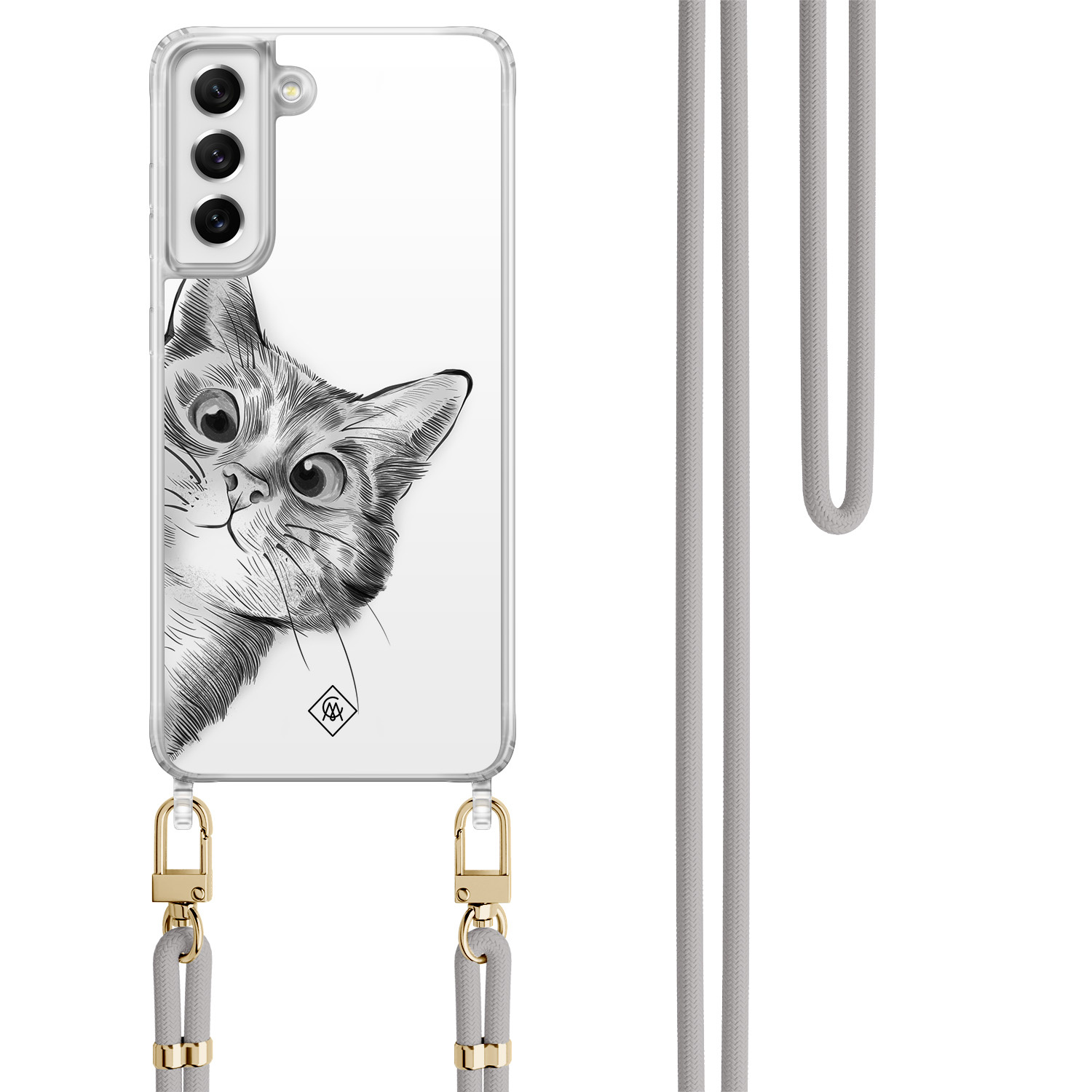 Samsung Galaxy S21 FE hoesje met grijs koord Peekaboo kat