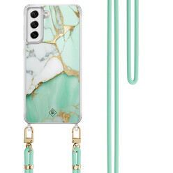 Casimoda Samsung Galaxy S21 FE hoesje met mint koord - Marmer mintgroen
