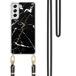 Casimoda Samsung Galaxy S21 FE hoesje met zwart koord - Marmer zwart