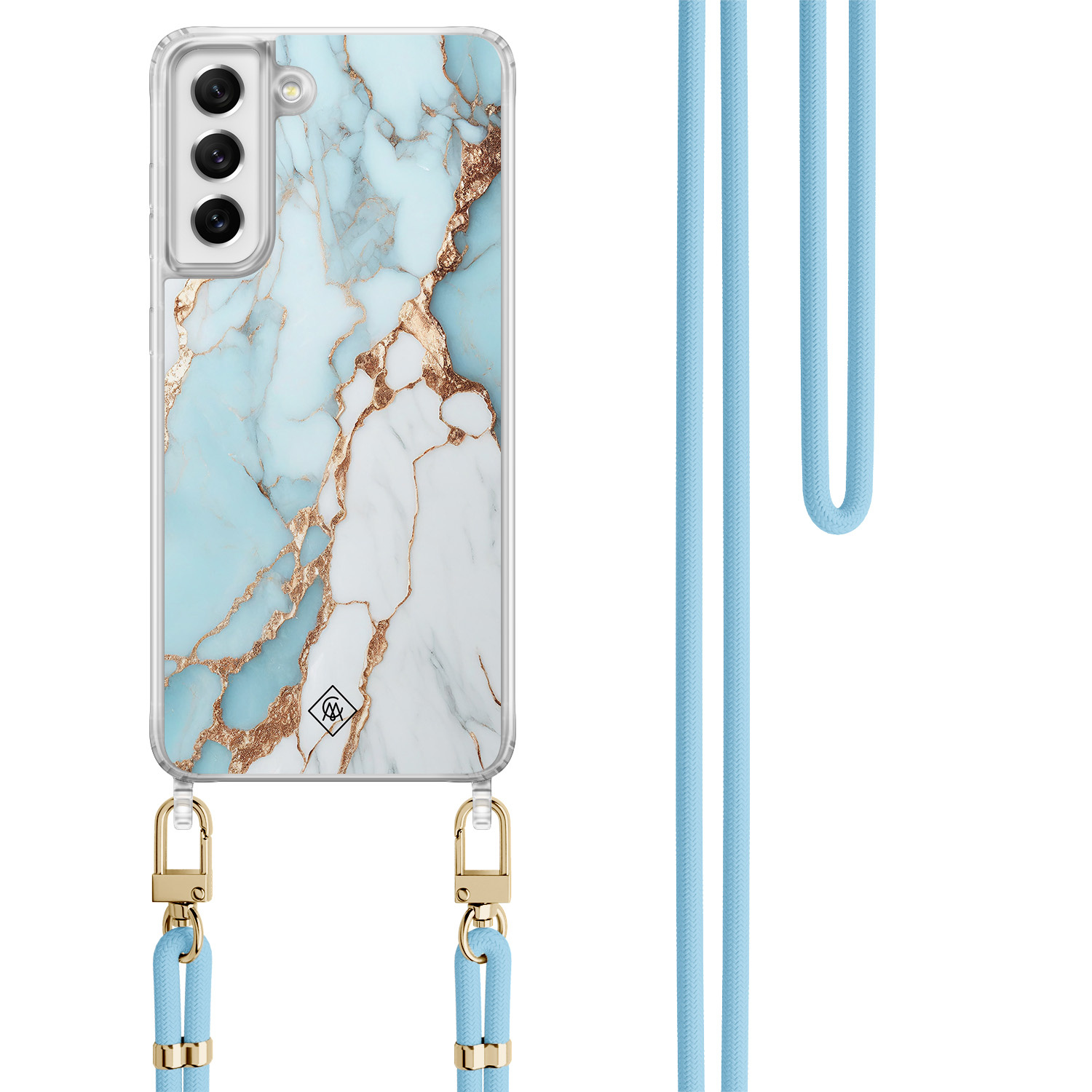 Samsung Galaxy S21 FE hoesje met blauw koord Marmer lichtblauw