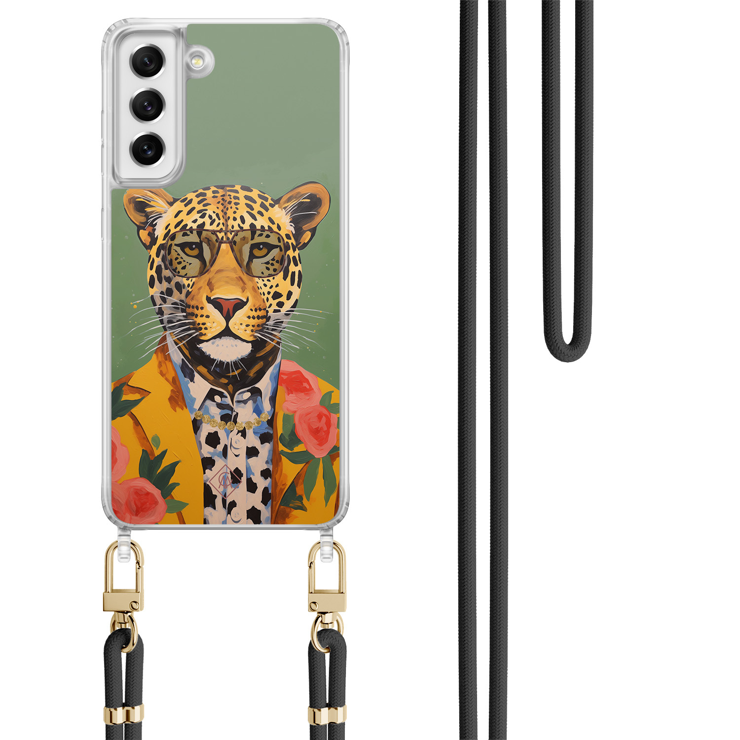 Samsung Galaxy S21 FE hoesje met zwart koord Luipaard hipster