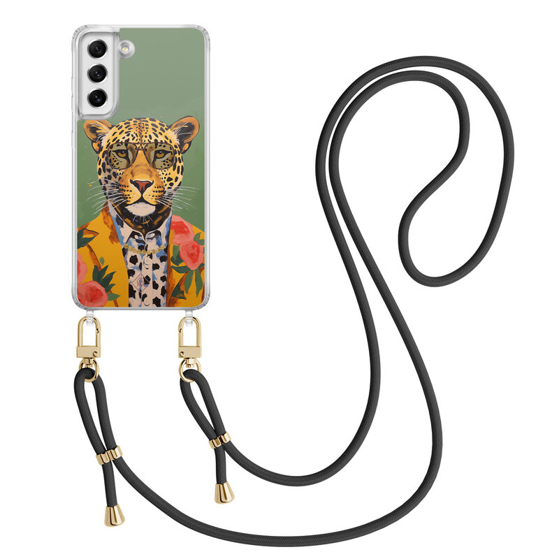 Casimoda Samsung Galaxy S21 FE hoesje met zwart koord - Luipaard hipster