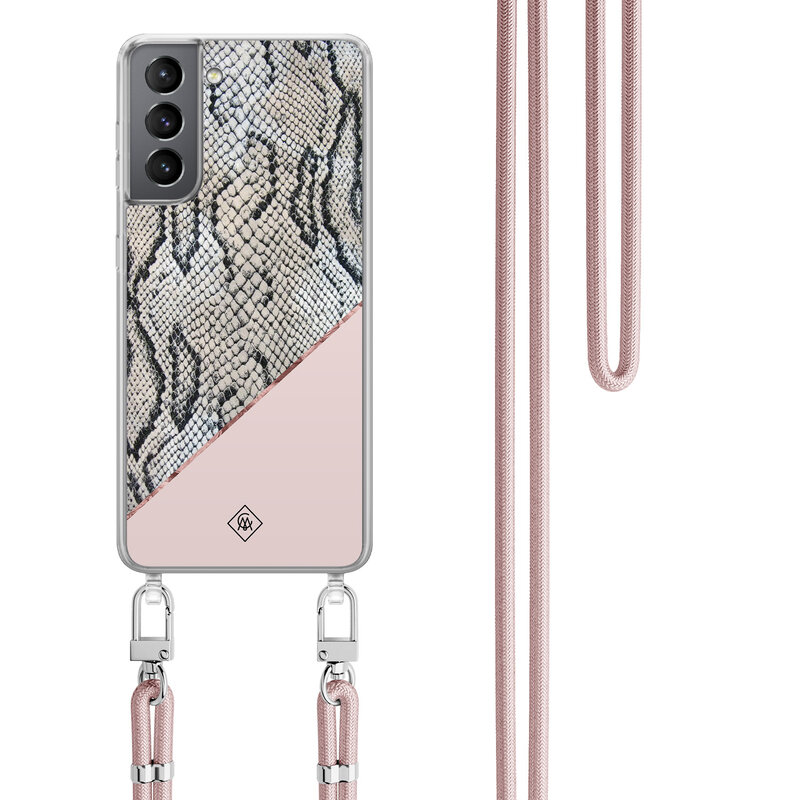 Casimoda Samsung Galaxy S21 hoesje met rosegoud koord - Snake print