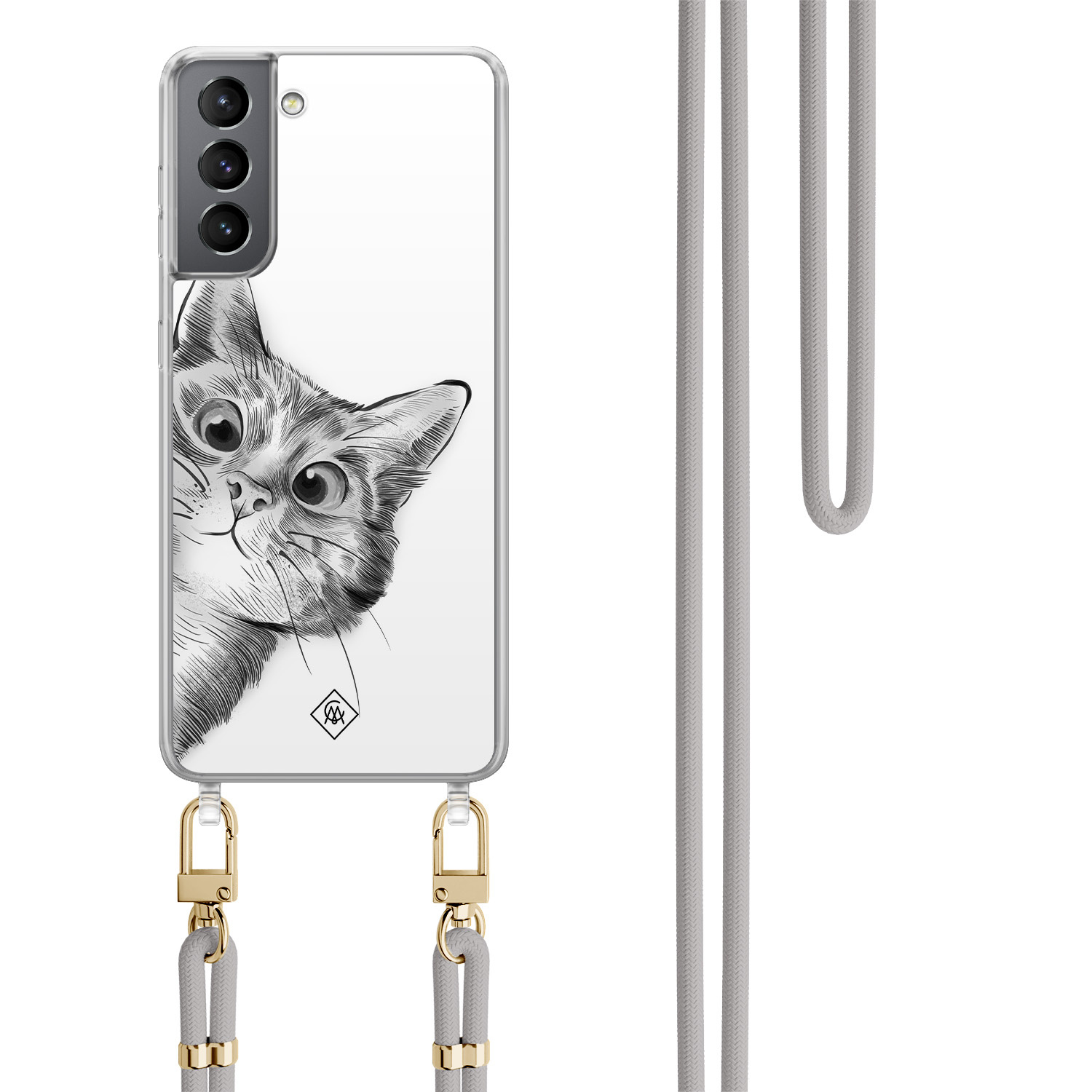 Samsung Galaxy S21 hoesje met grijs koord Peekaboo kat