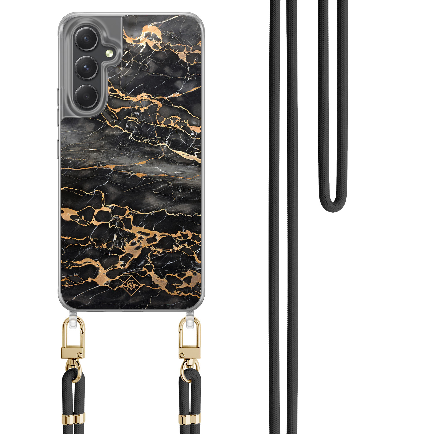 Samsung Galaxy A34 hoesje met zwart koord Marmer grijs brons