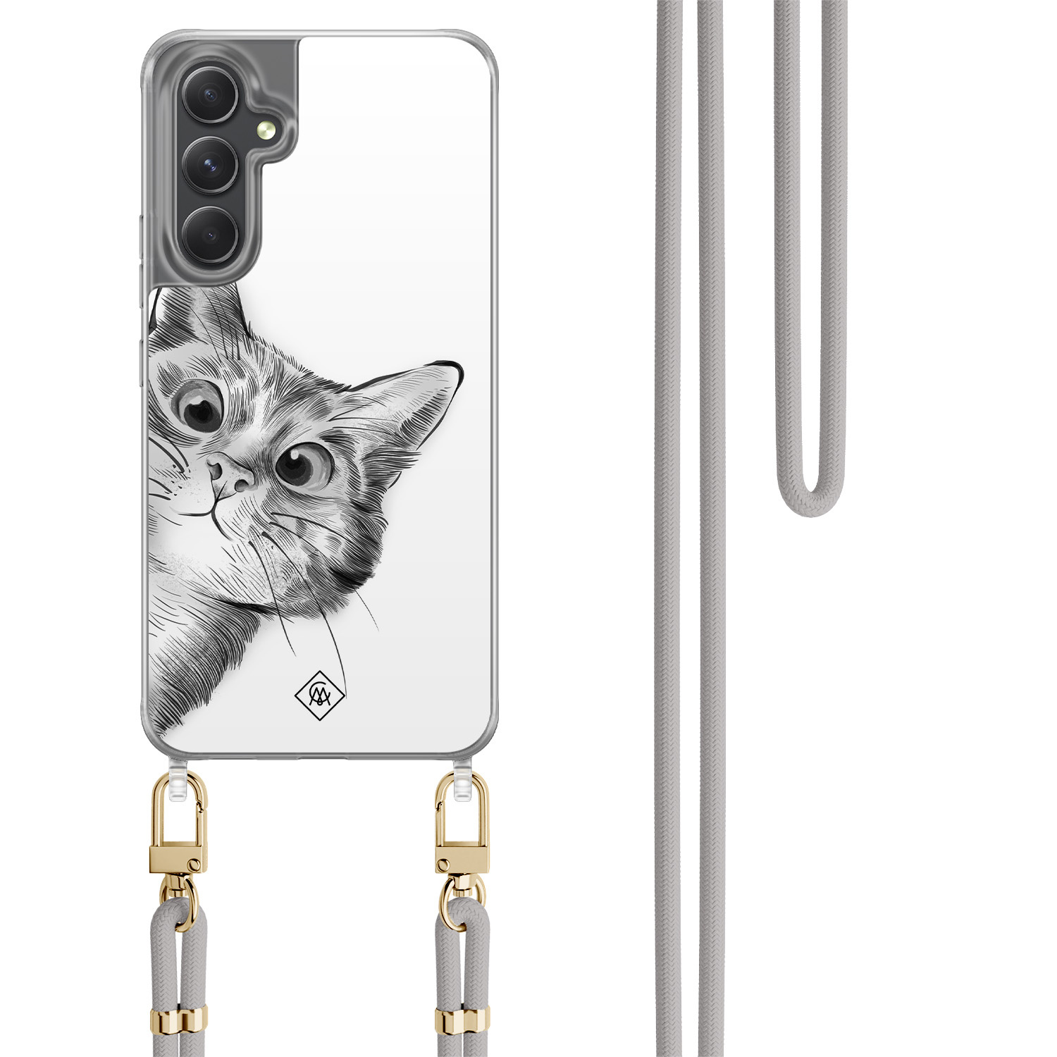 Samsung Galaxy A34 hoesje met grijs koord Peekaboo kat