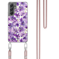 Casimoda Samsung Galaxy A34 hoesje met rosegoud koord - Floral violet