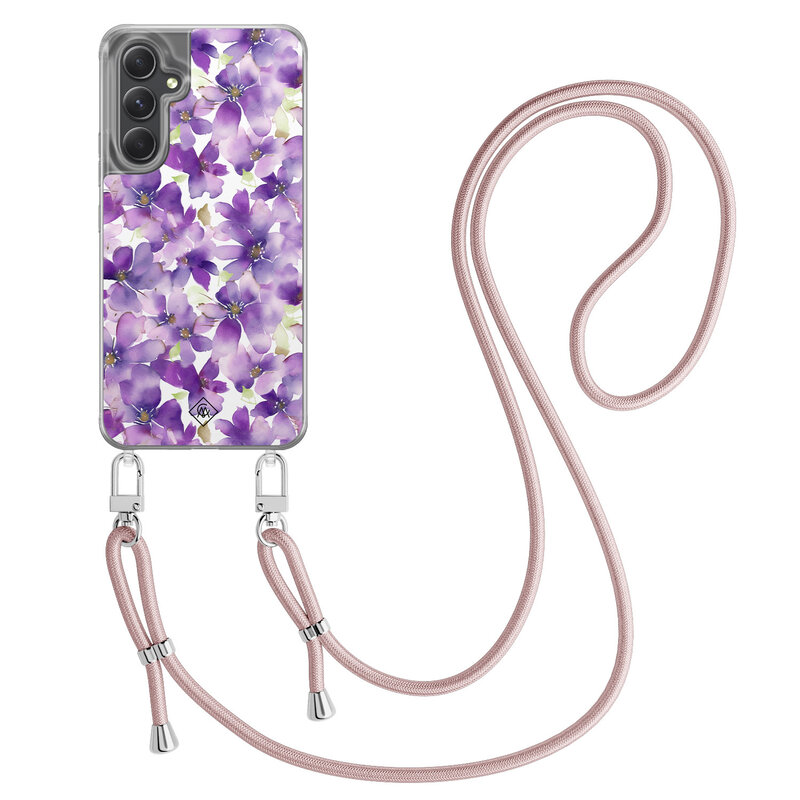 Casimoda Samsung Galaxy A34 hoesje met rosegoud koord - Floral violet