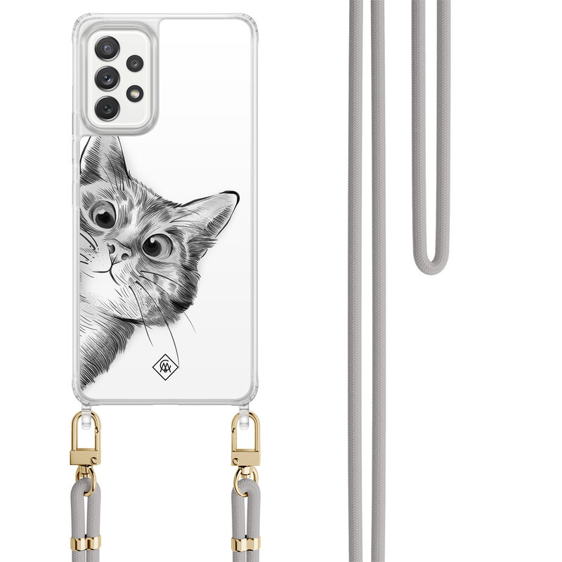 Casimoda Samsung Galaxy A52(s) hoesje met grijs koord - Peekaboo kat