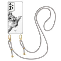 Casimoda Samsung Galaxy A52(s) hoesje met grijs koord - Peekaboo kat