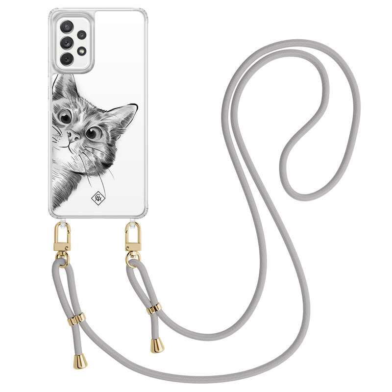 Casimoda Samsung Galaxy A52(s) hoesje met grijs koord - Peekaboo kat