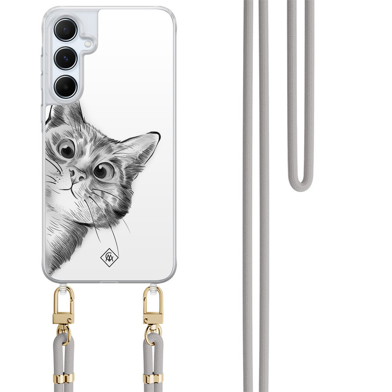 Casimoda Samsung Galaxy A15 hoesje met grijs koord - Peekaboo kat