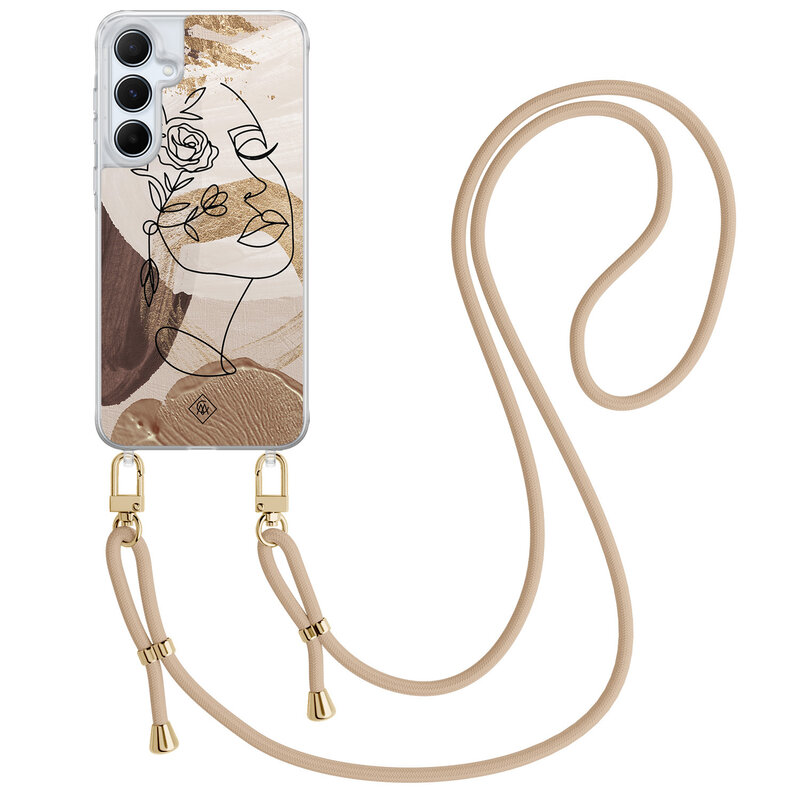 Casimoda Samsung Galaxy A15 hoesje met beige koord - Abstract gezicht bruin