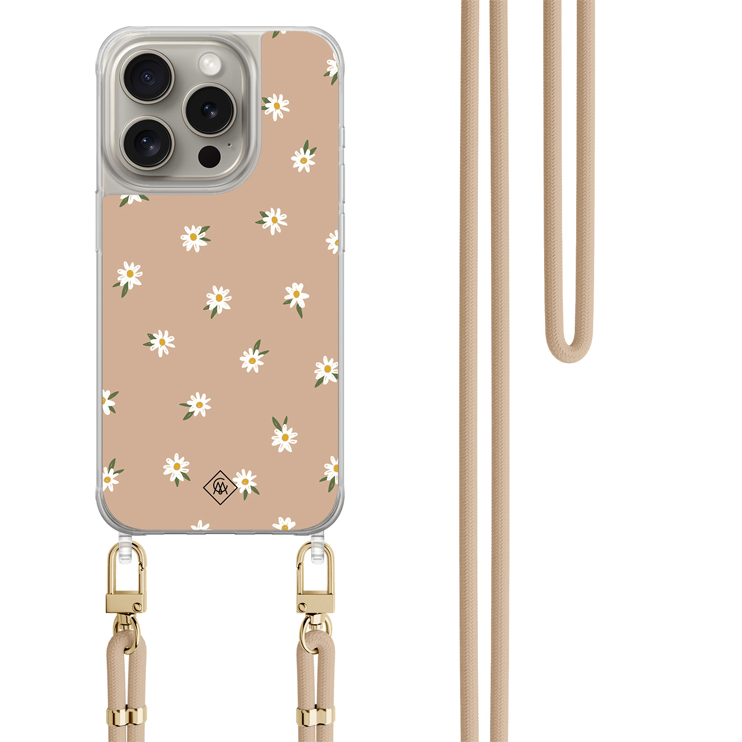 iPhone 15 Pro hoesje met beige koord - Sweet daisies