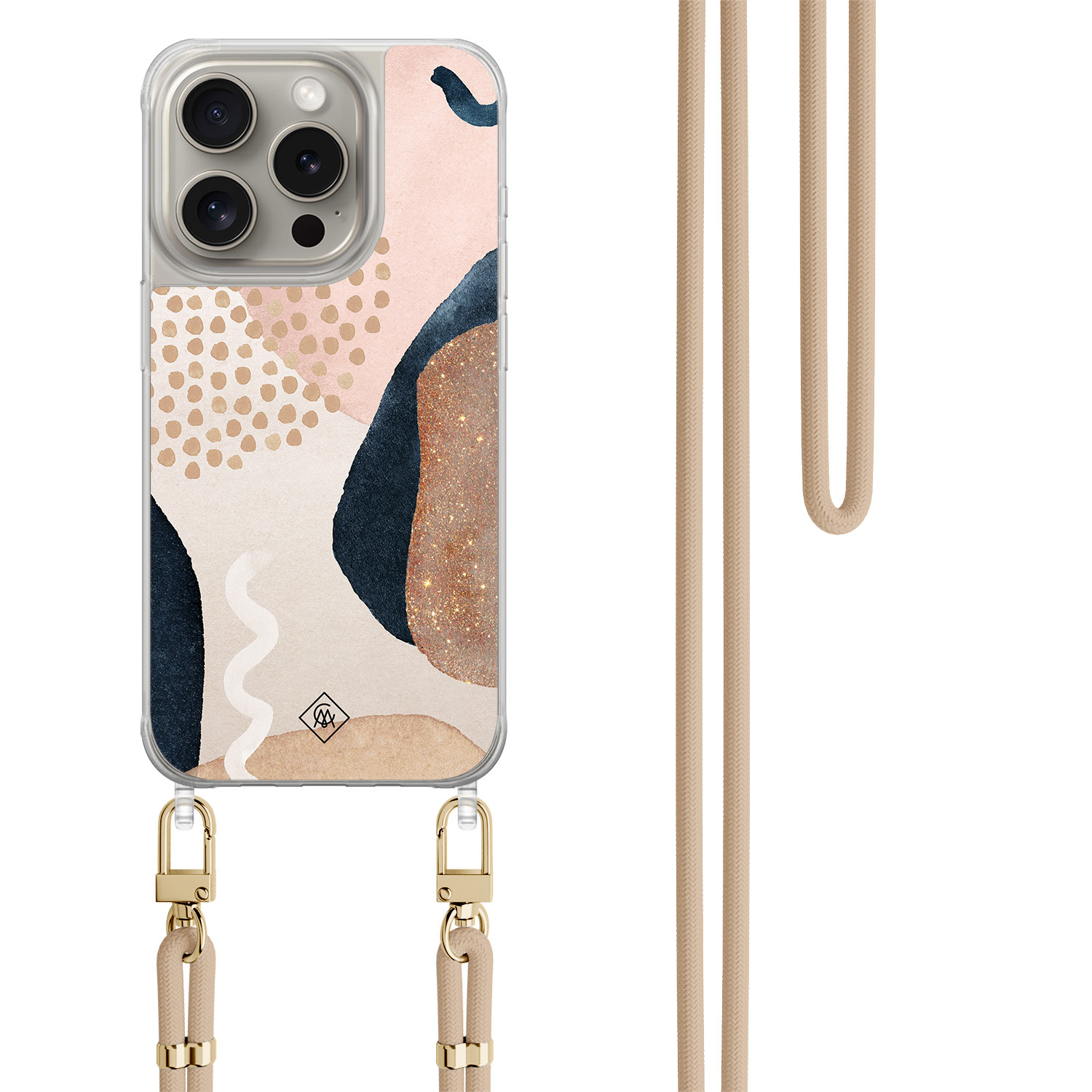 iPhone 15 Pro hoesje met beige koord - Abstract dots