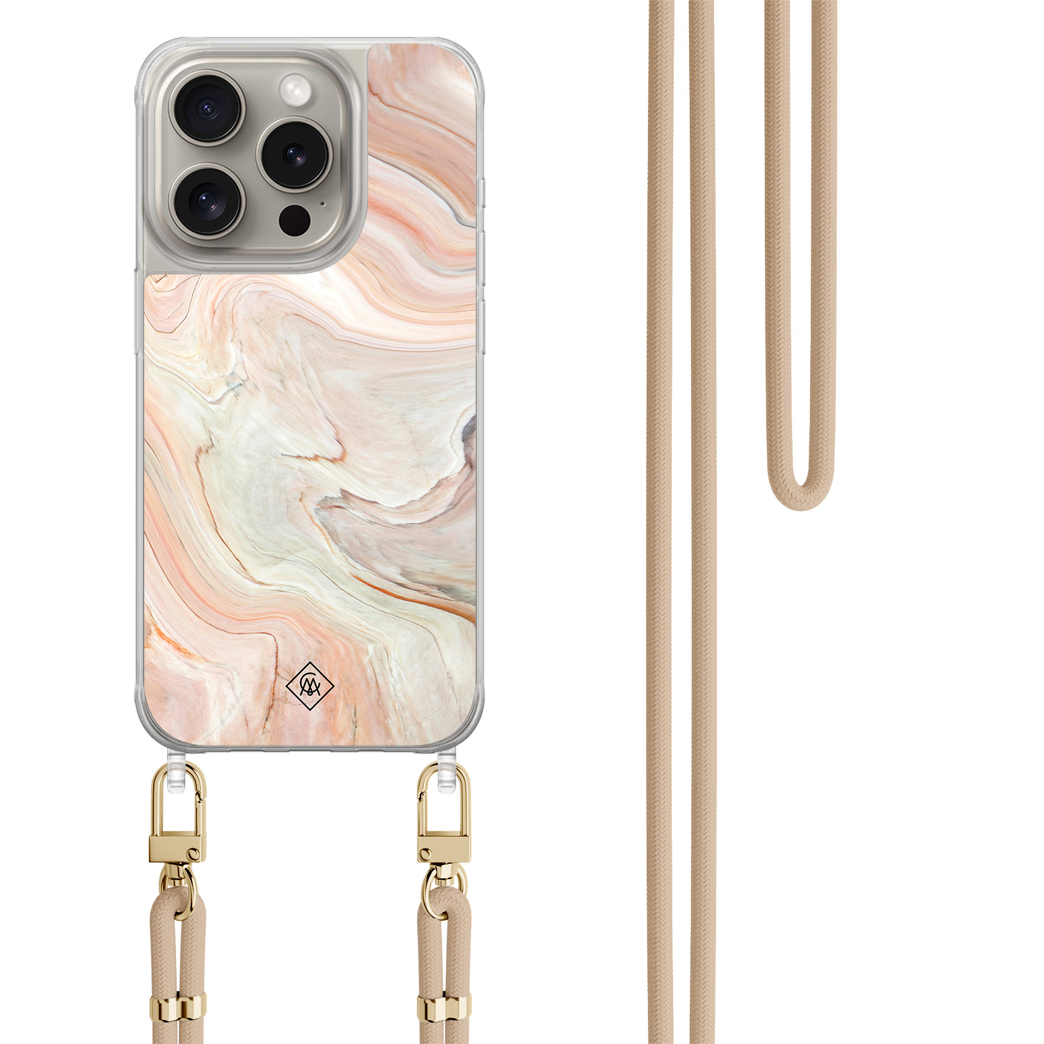 iPhone 15 Pro hoesje met beige koord - Marmer waves