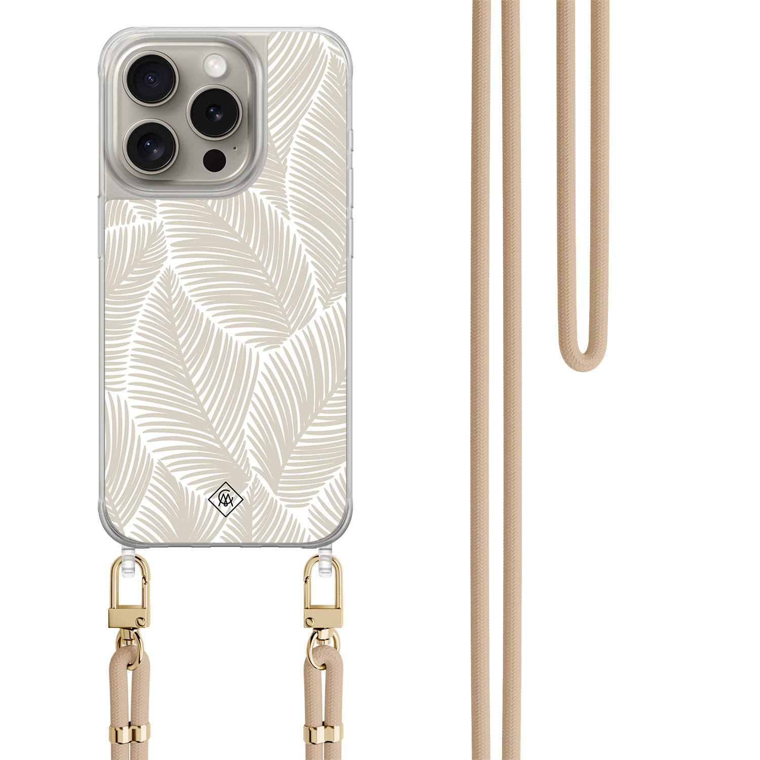 iPhone 15 Pro hoesje met beige koord - Palm leaves beige