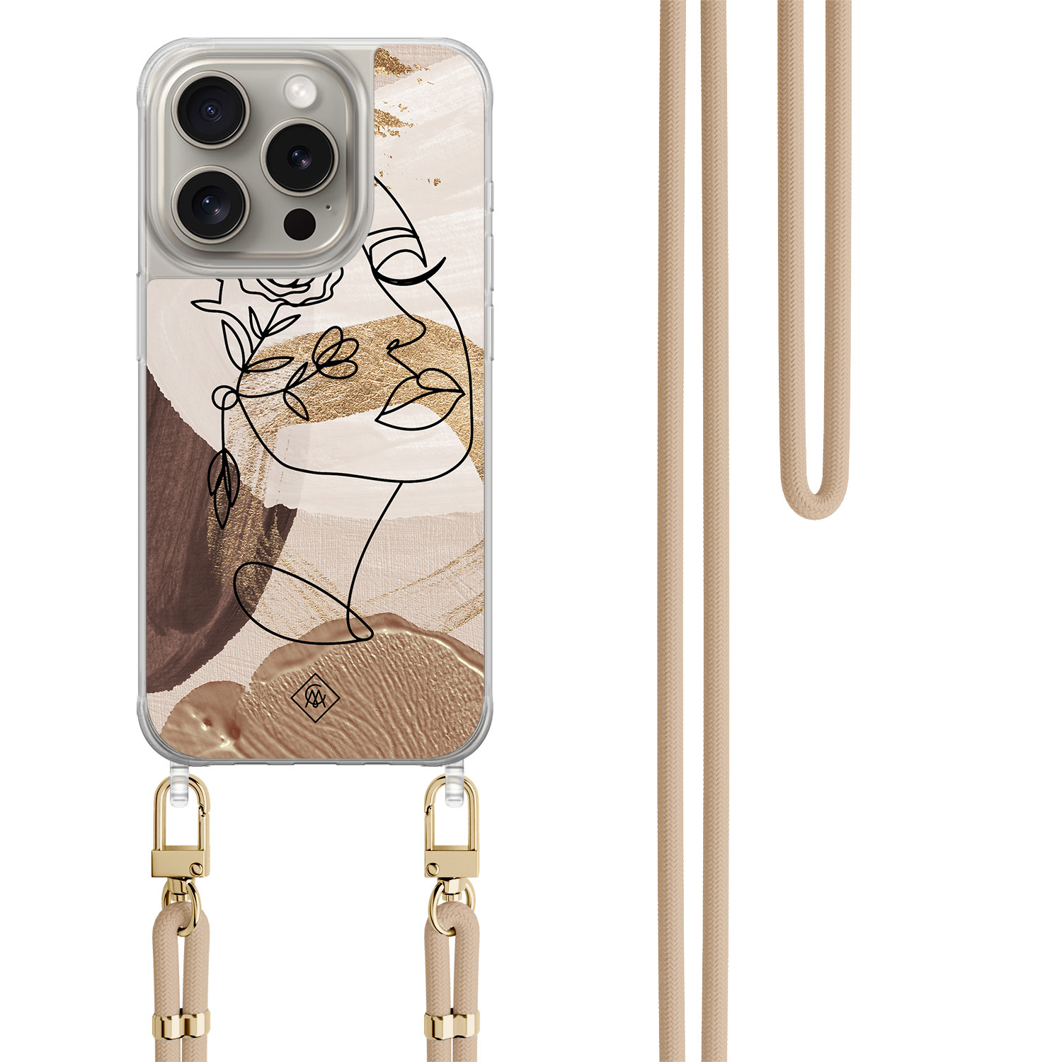 iPhone 15 Pro hoesje met beige koord - Abstract gezicht bruin