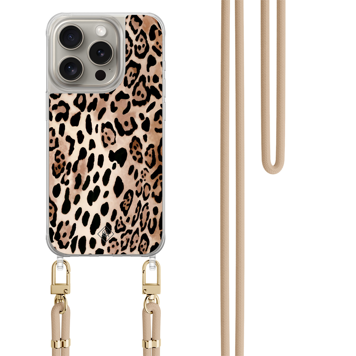 iPhone 15 Pro hoesje met beige koord - Golden wildcat