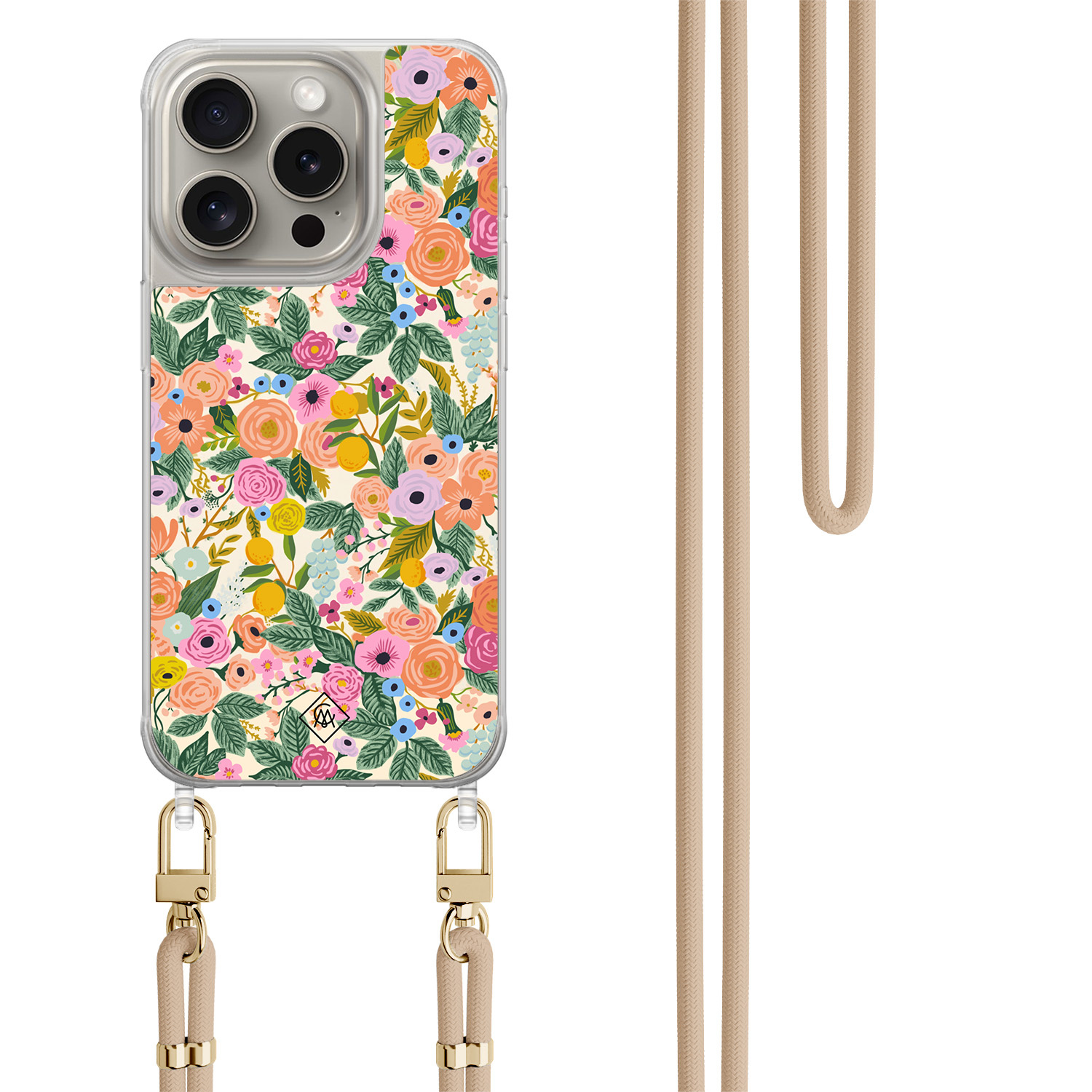 iPhone 15 Pro hoesje met beige koord - Pink garden