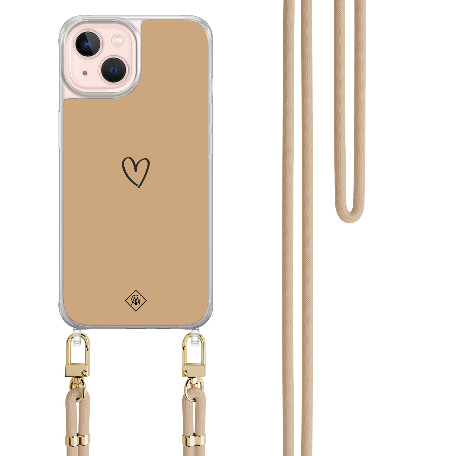 iPhone 13 hoesje met beige koord - Hart bruin