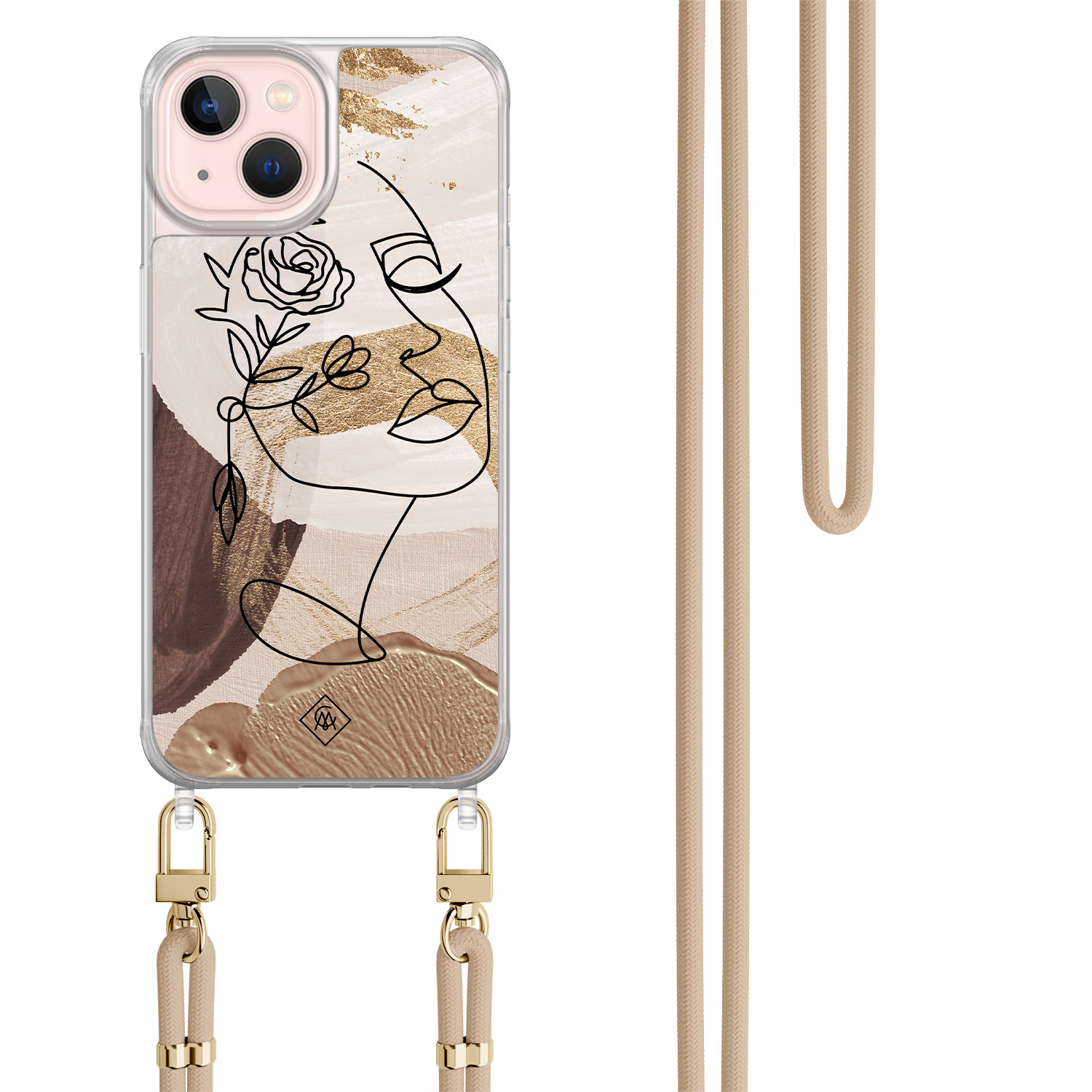 iPhone 13 hoesje met beige koord - Abstract gezicht bruin