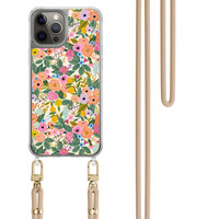 Casimoda iPhone 12 (Pro) hoesje met beige koord - Pink garden