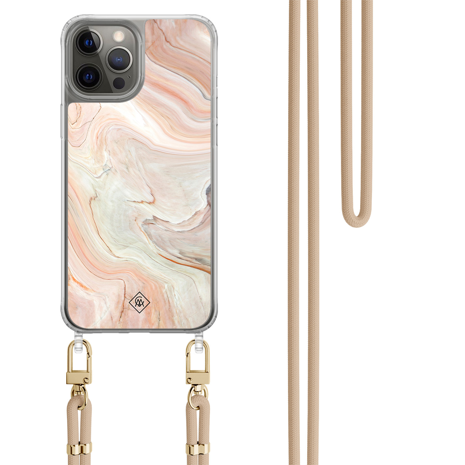 iPhone 12 (Pro) hoesje met beige koord Marmer waves