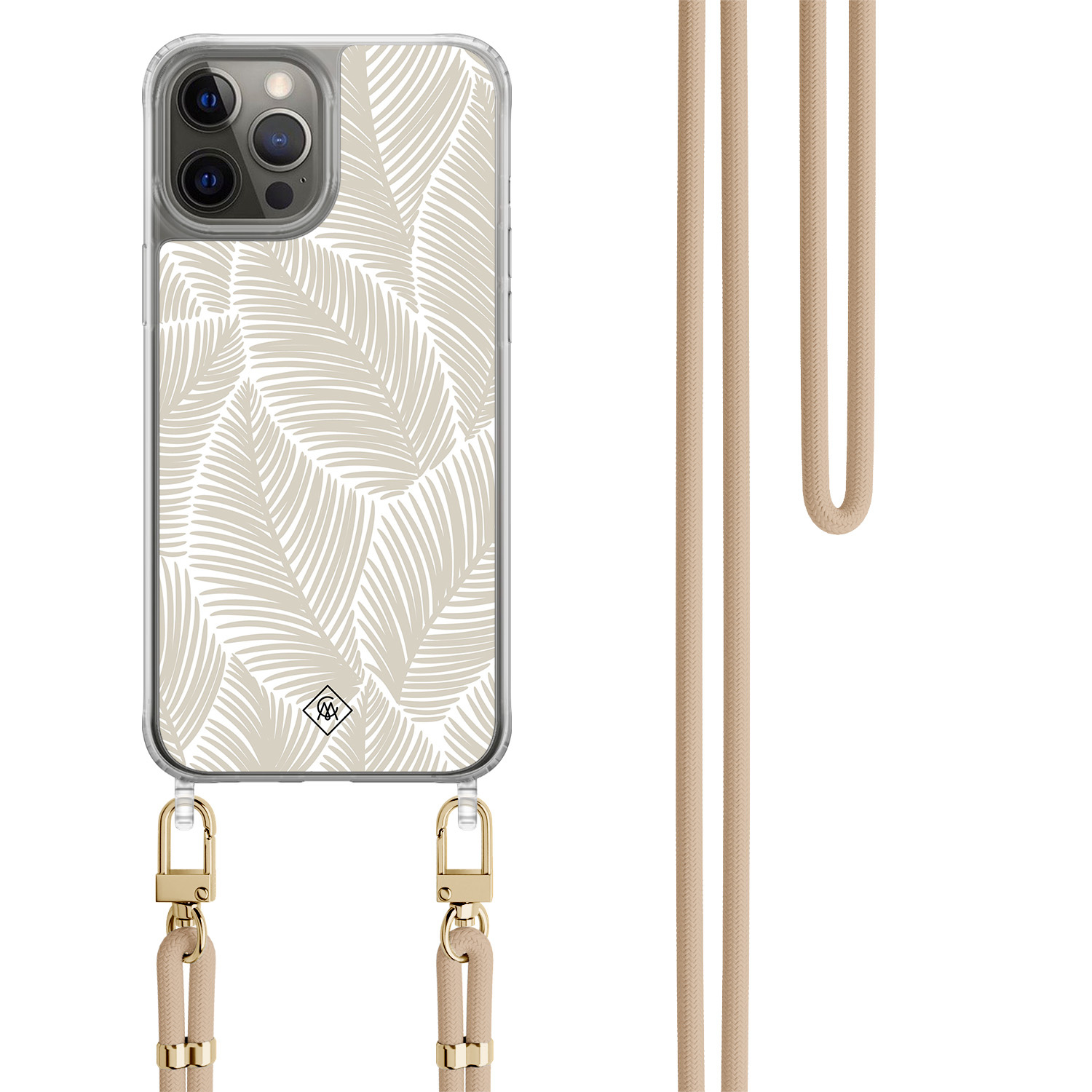 iPhone 12 (Pro) hoesje met beige koord Palm leaves beige