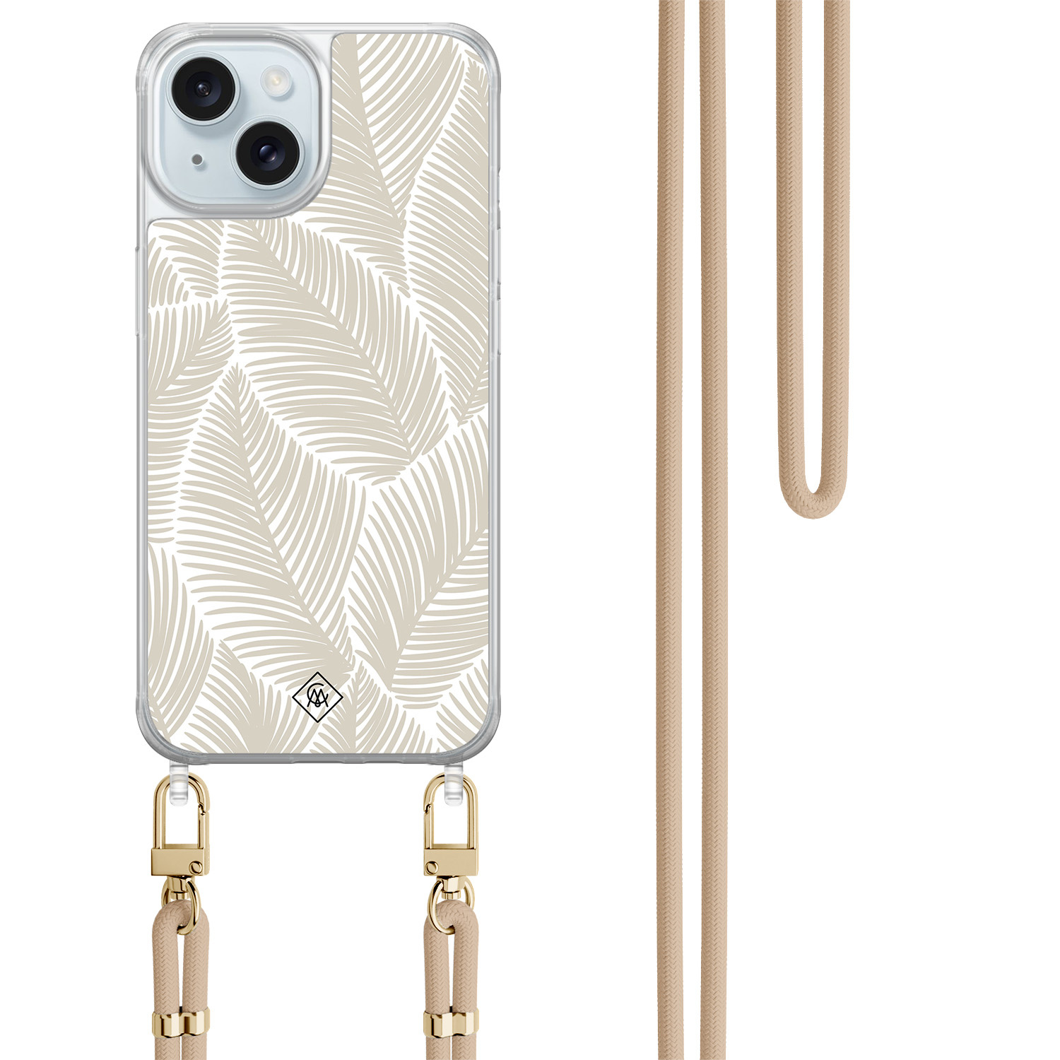 iPhone 15 hoesje met beige koord - Palm leaves beige