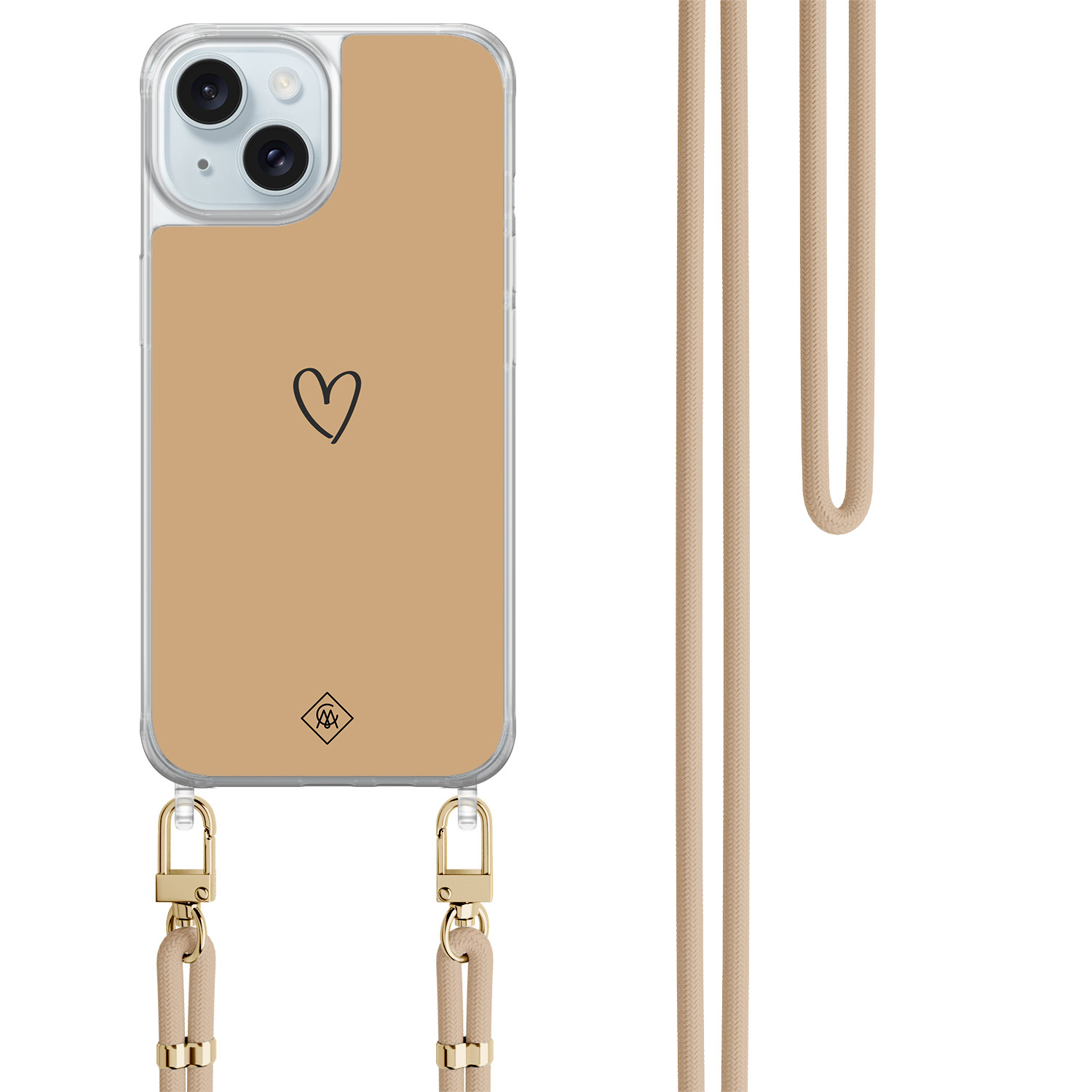 iPhone 15 hoesje met beige koord - Hart bruin