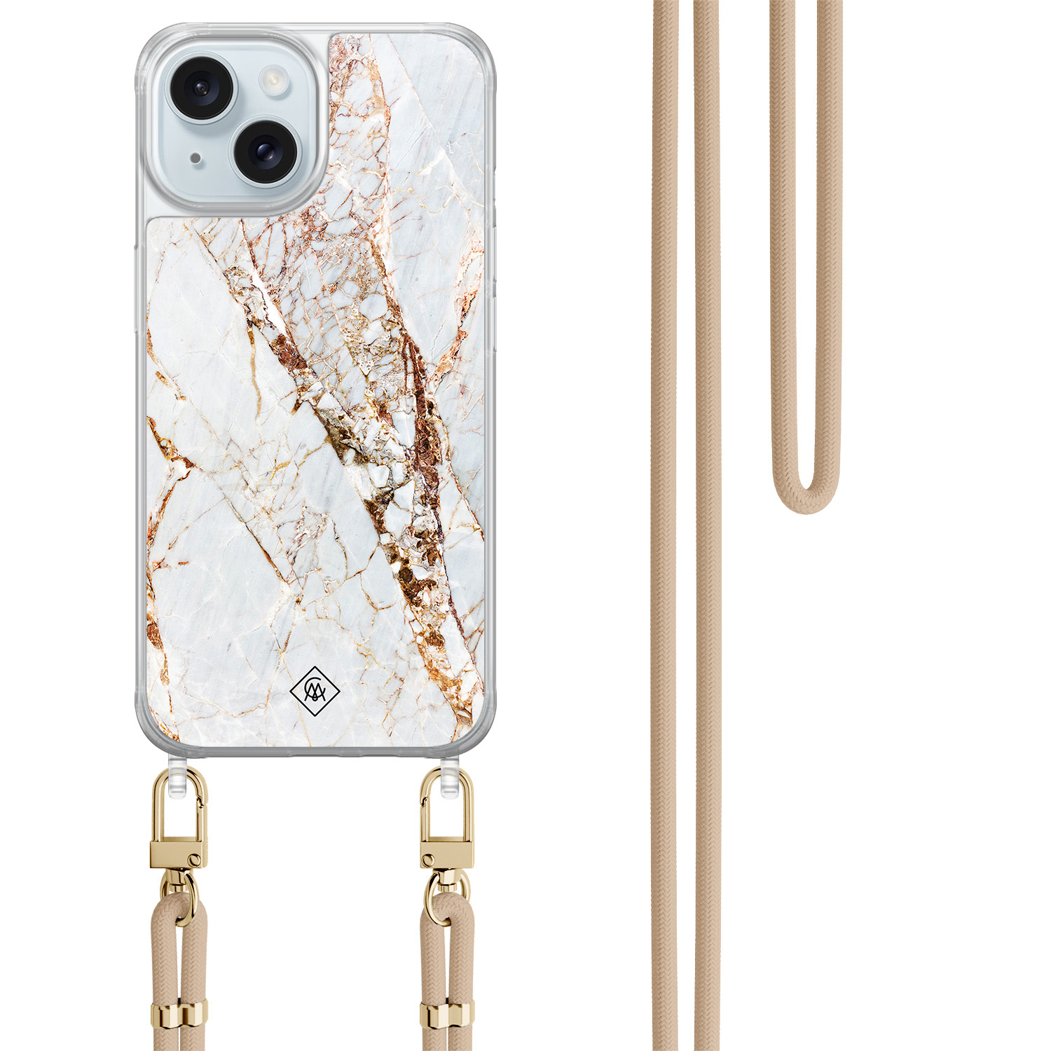 iPhone 15 hoesje met beige koord Marmer goud