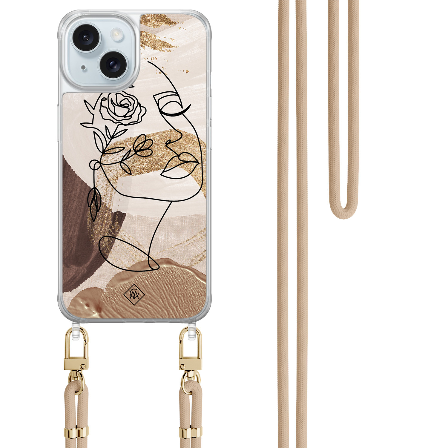 iPhone 15 hoesje met beige koord - Abstract gezicht bruin