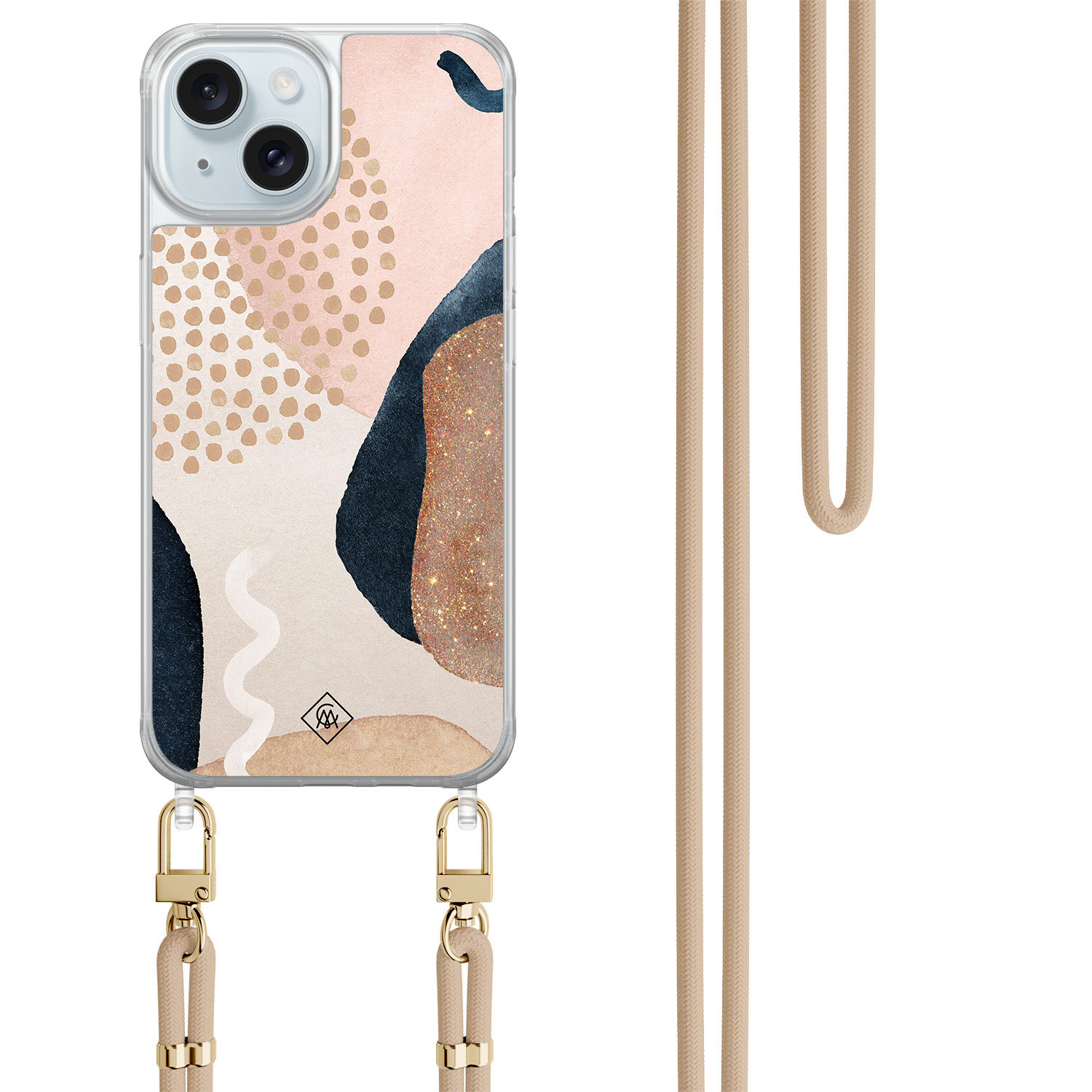 iPhone 15 hoesje met beige koord - Abstract dots