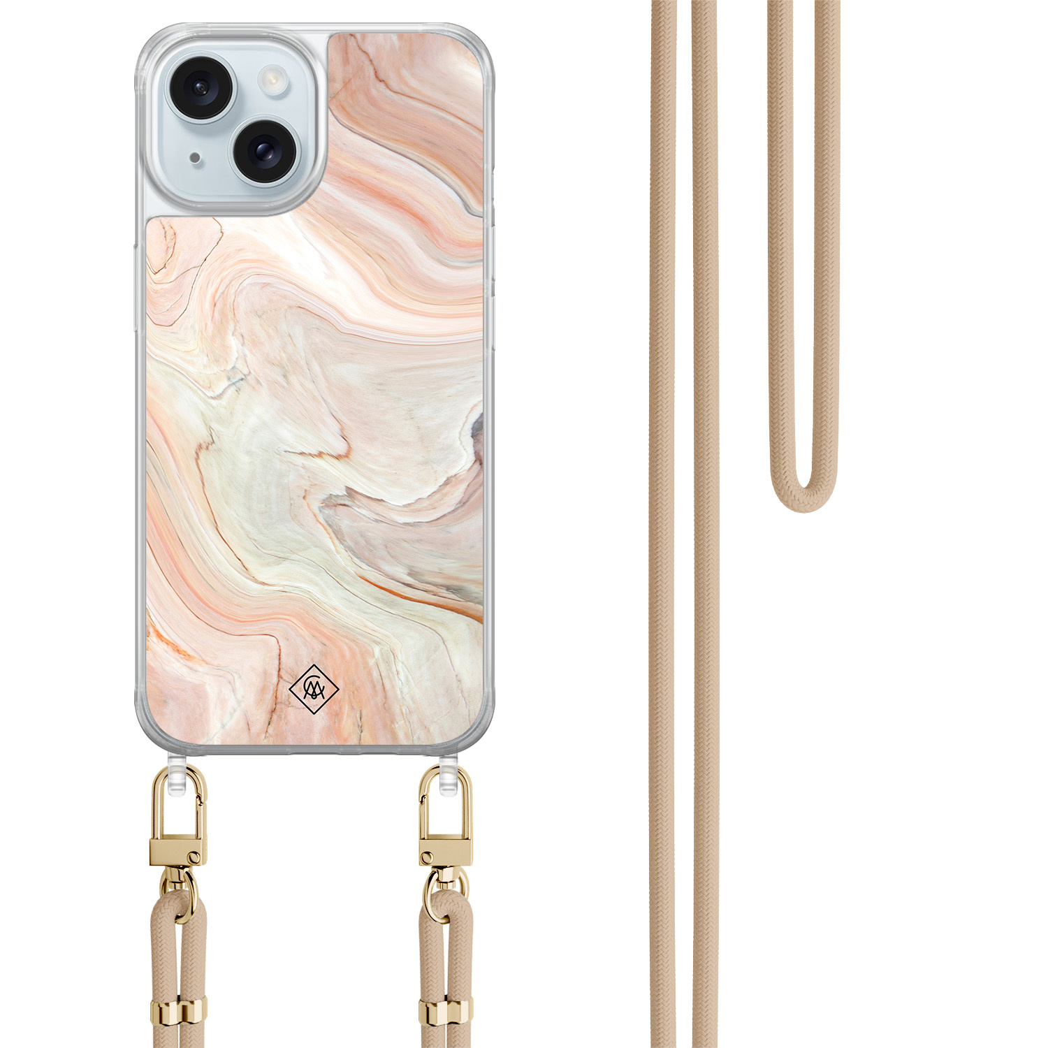 iPhone 15 hoesje met beige koord - Marmer waves