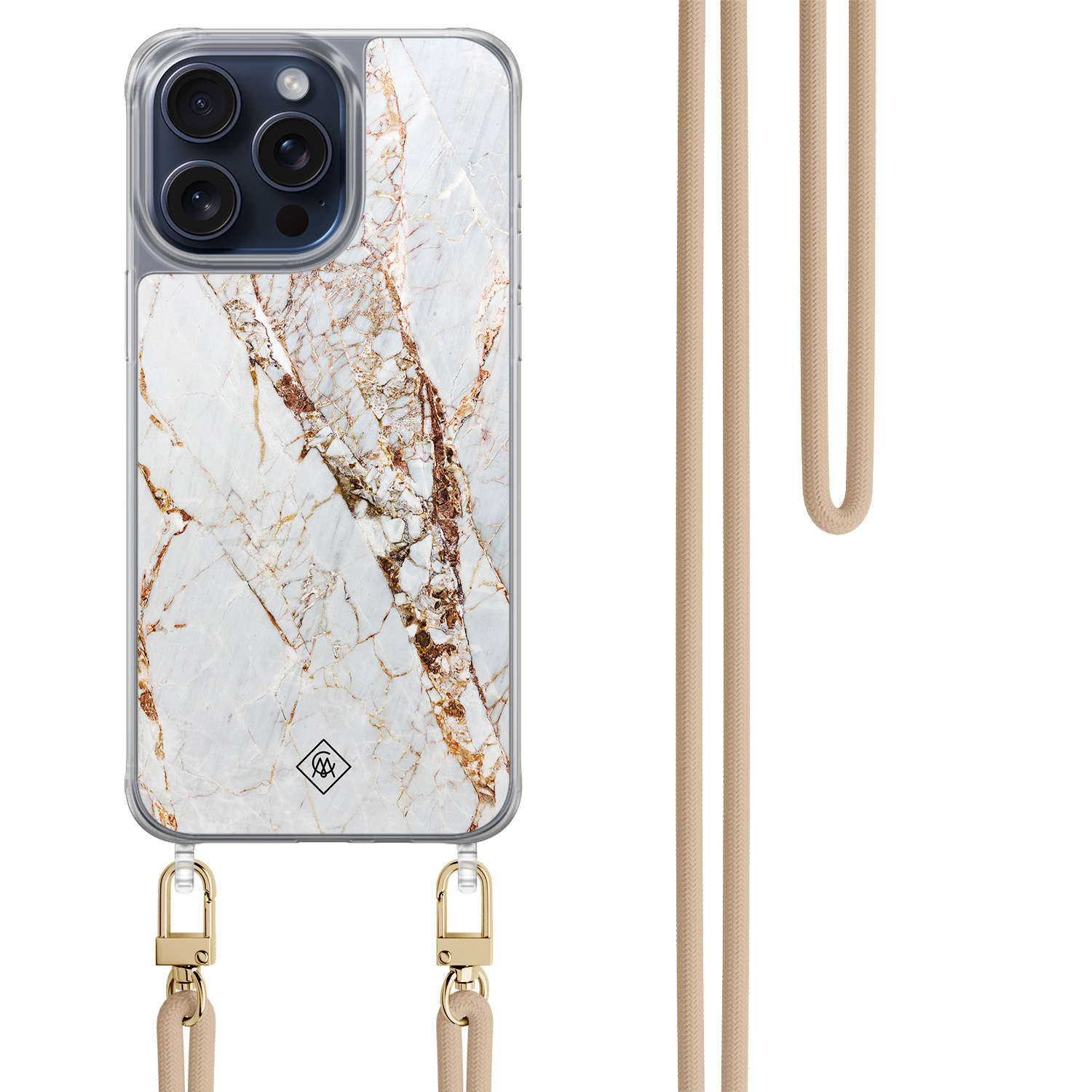 iPhone 15 Pro Max hoesje met beige koord Marmer goud