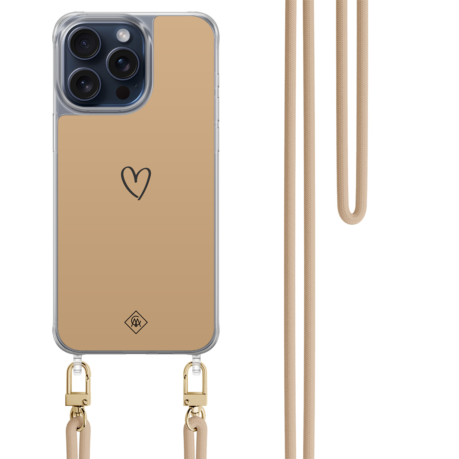 iPhone 15 Pro Max hoesje met beige koord - Hart bruin