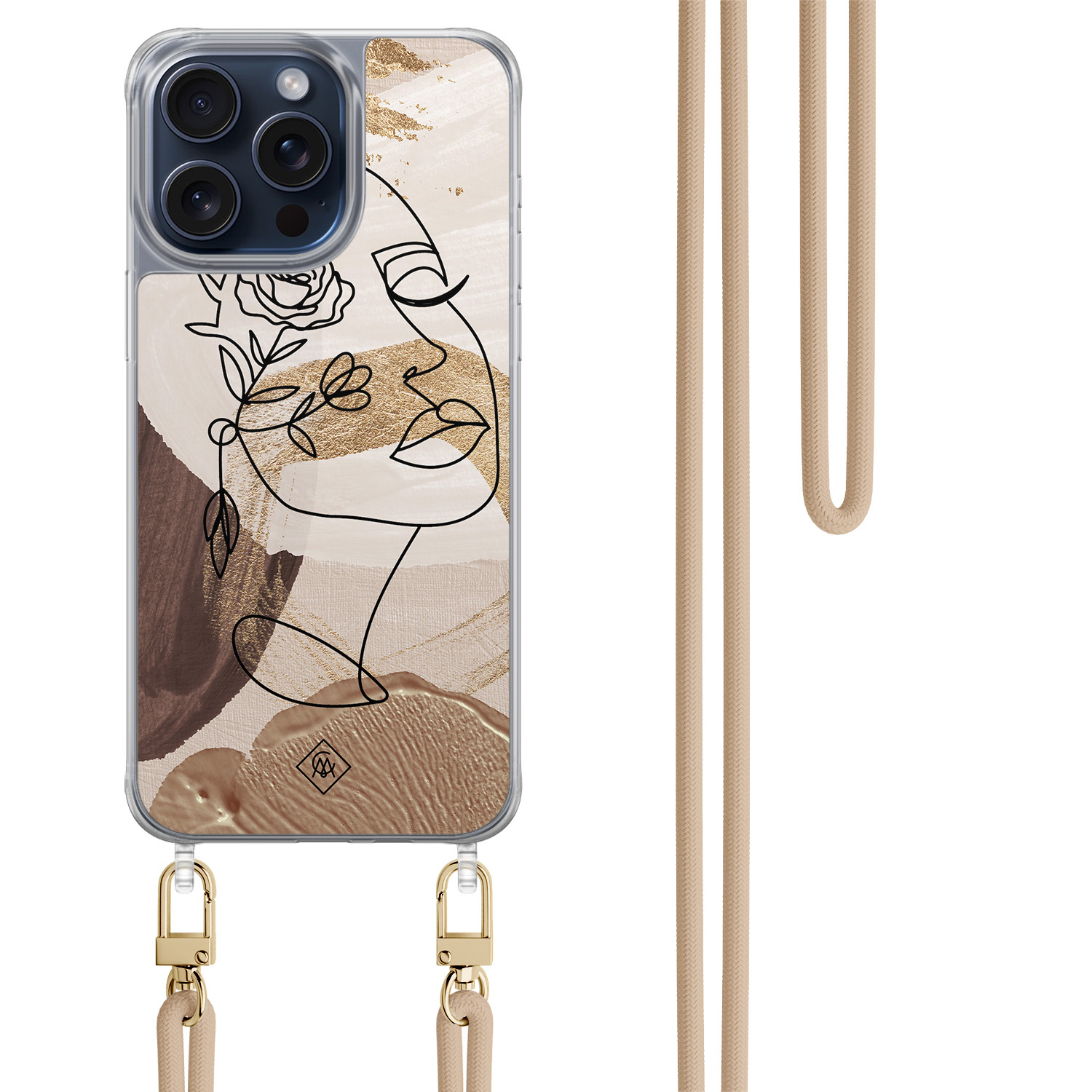 iPhone 15 Pro Max hoesje met beige koord - Abstract gezicht bruin