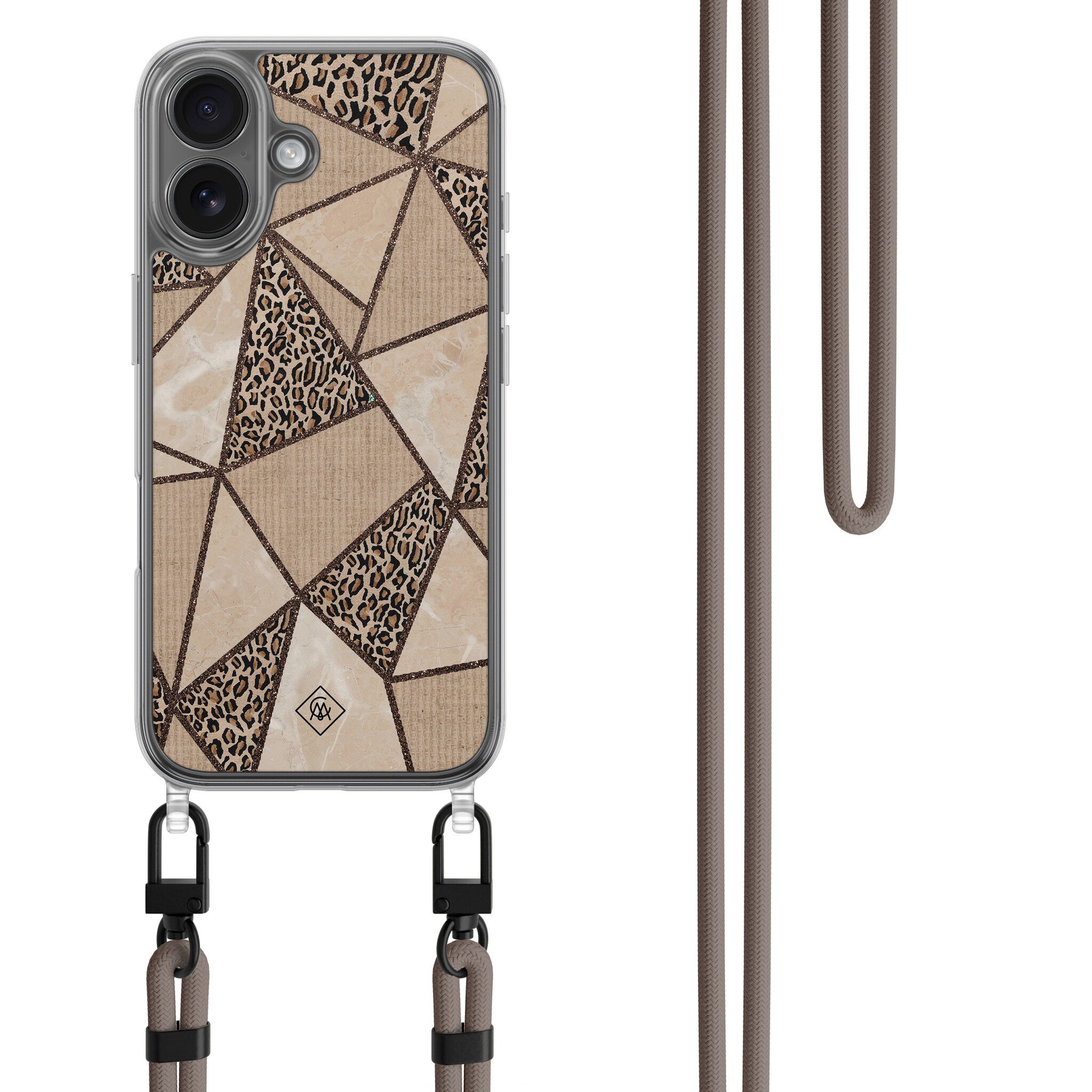 iPhone 16 hoesje met bruin koord - Leopard abstract